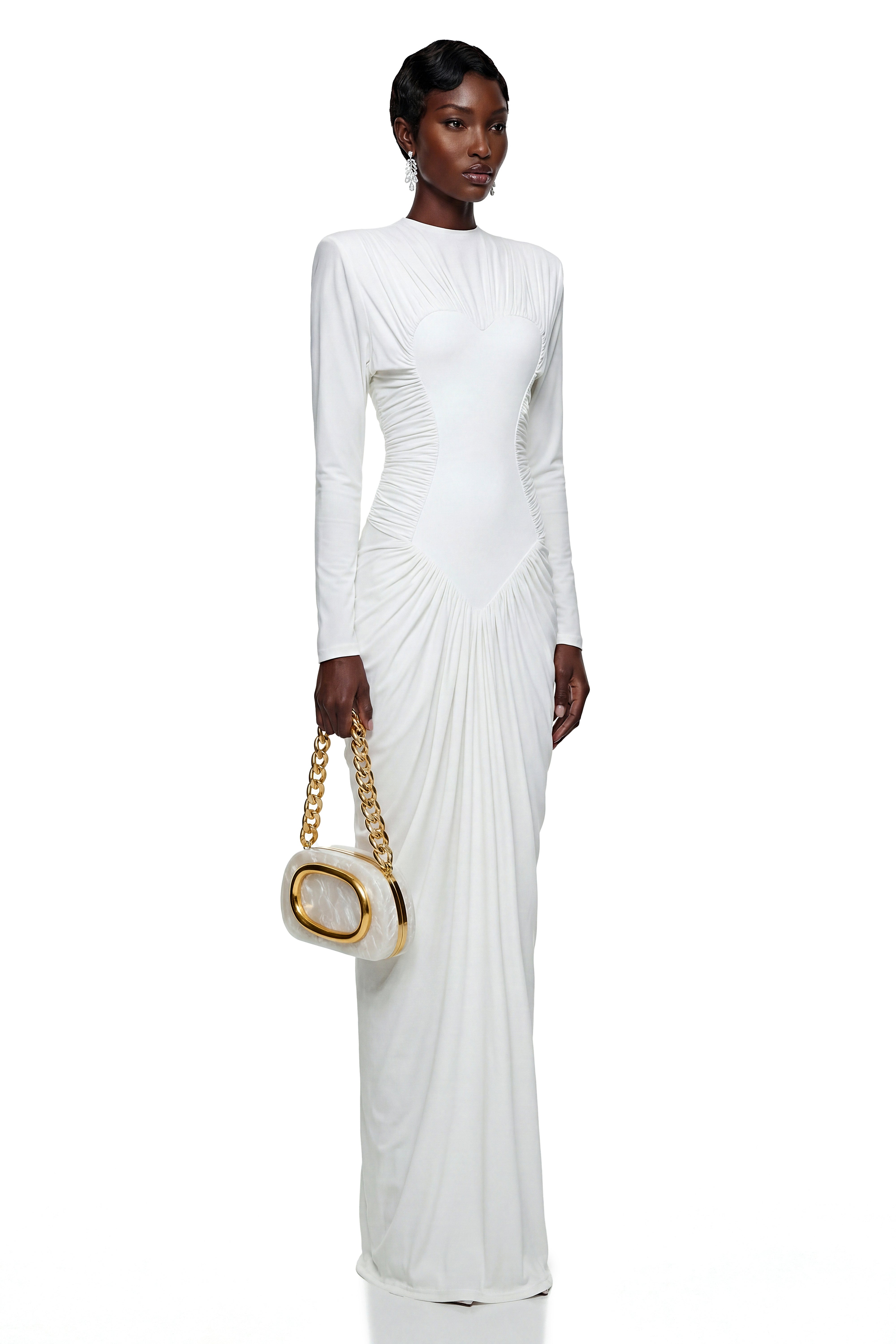 Genevra White Crystal Embellished Ruched Maxi Dress