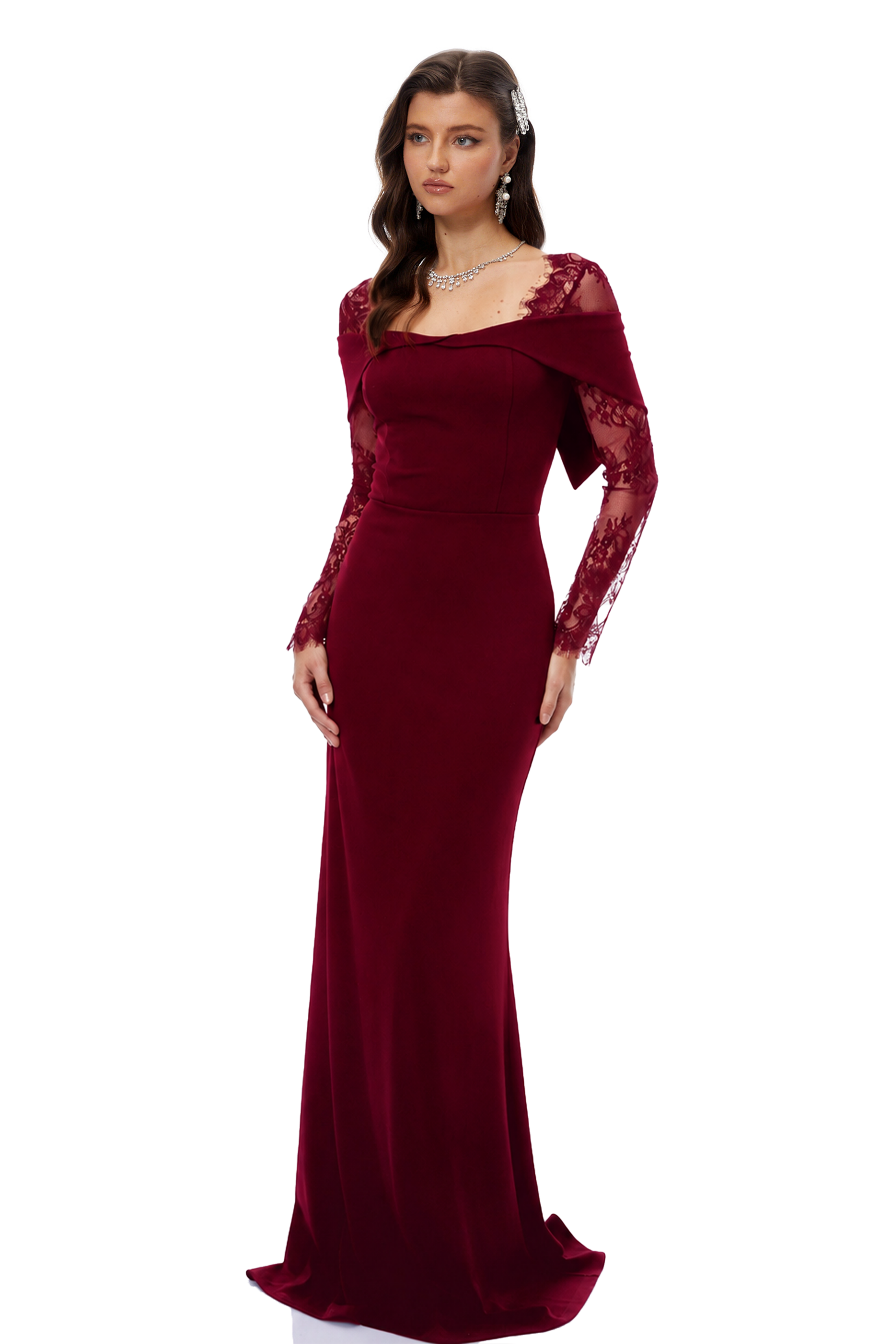 Georgiana Burgundy Lace Panel Flared Maxi Gown