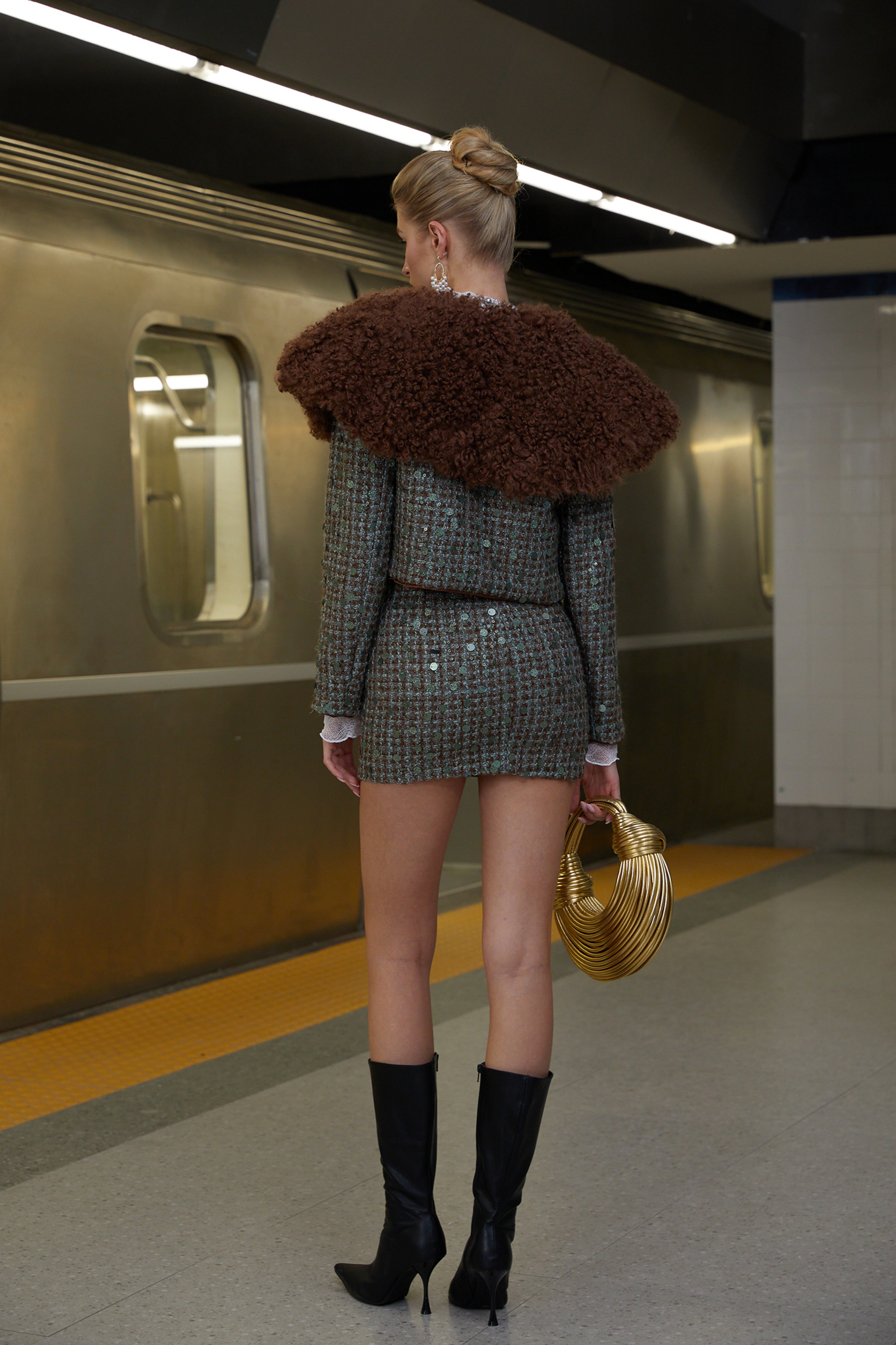 Gertrude Brown Faux Fur Tweed Jacket & Skirt Set