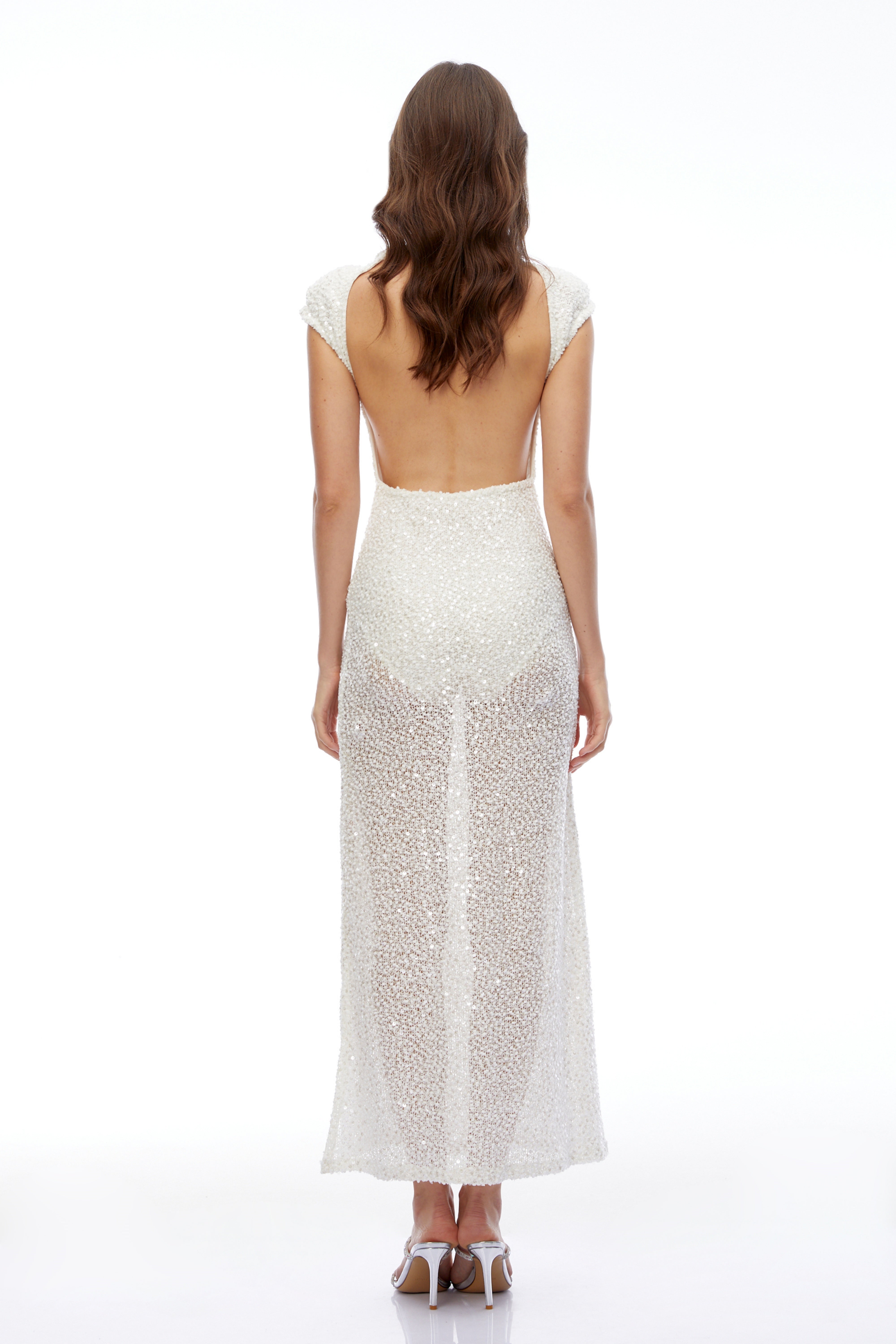 Gianna White Semi-Sheer Embellished Maxi Dress with Cap Sleeves