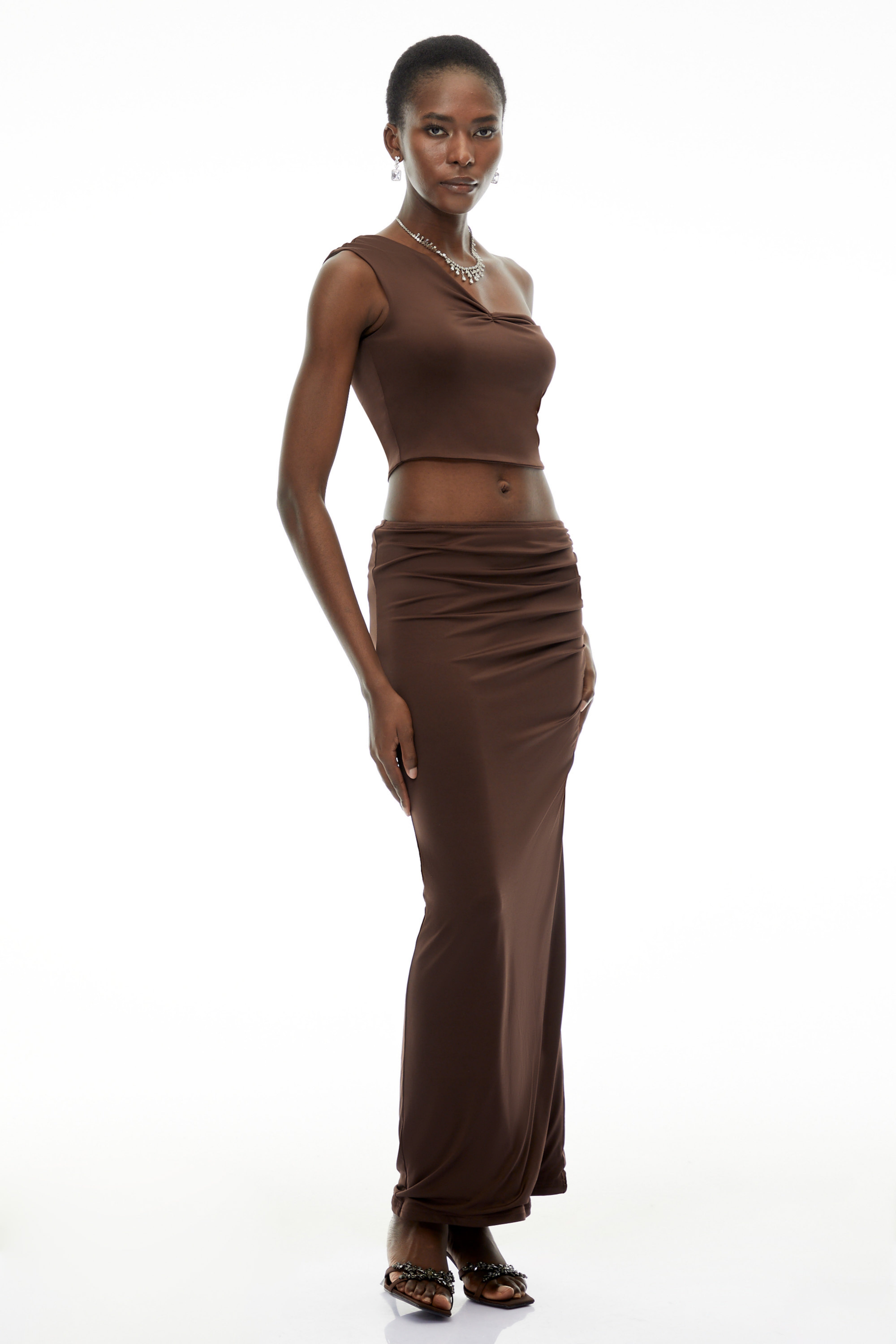 Gina Chocolate Brown One Shoulder Top & Skirt Set