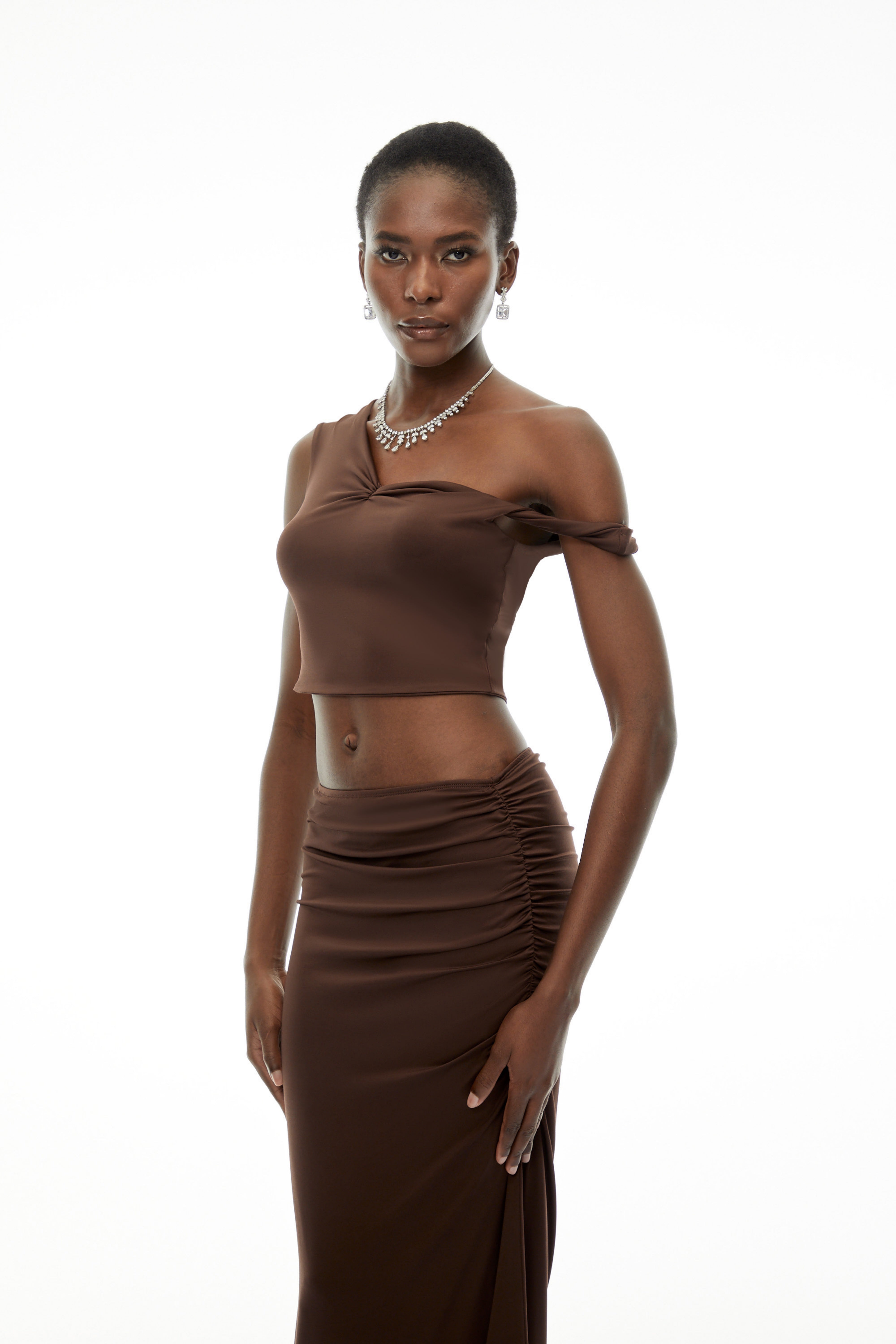 Gina Chocolate Brown One Shoulder Top & Skirt Set