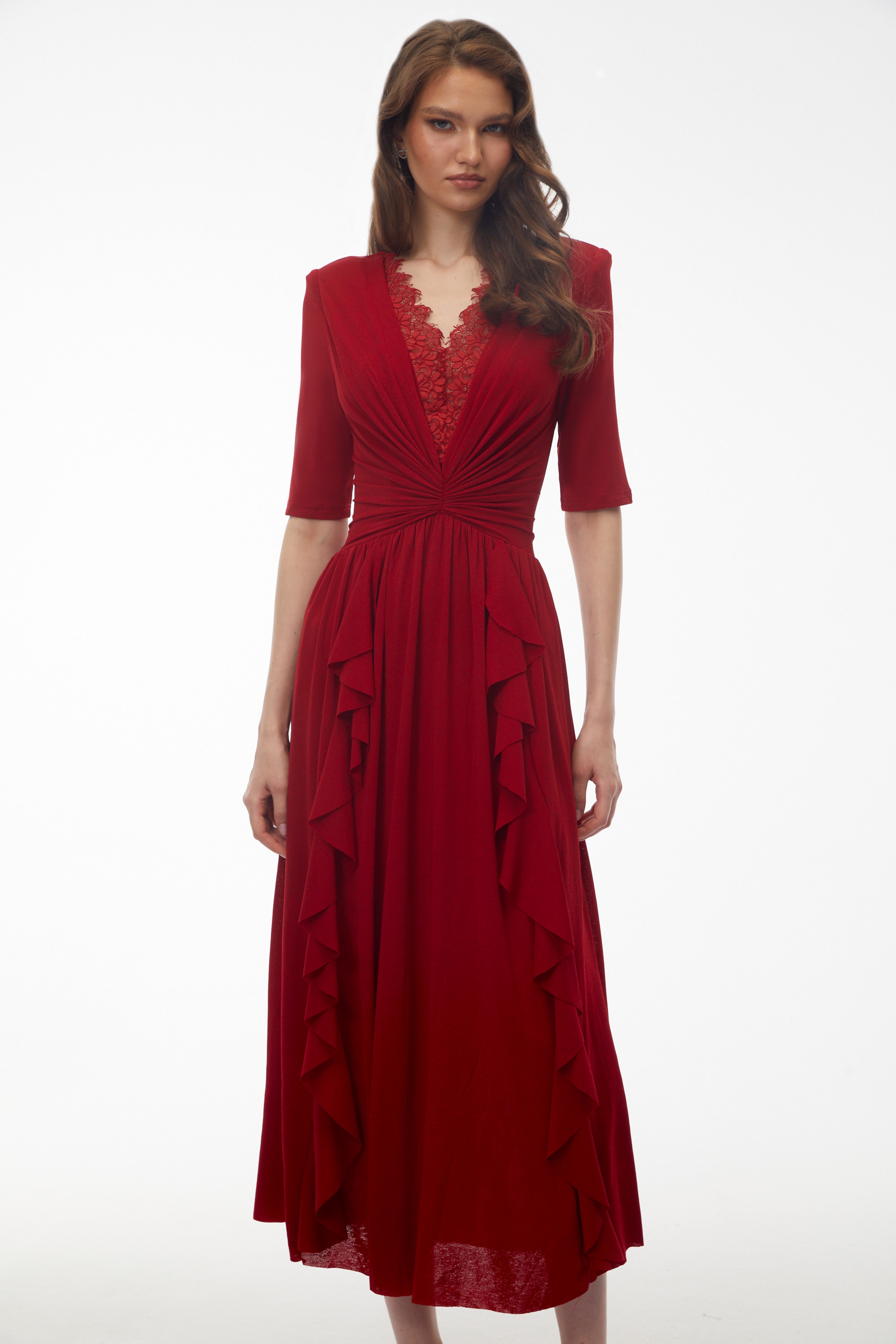 Giovanna Red V-Neck Ruched Midi Dress with Half Sleeves