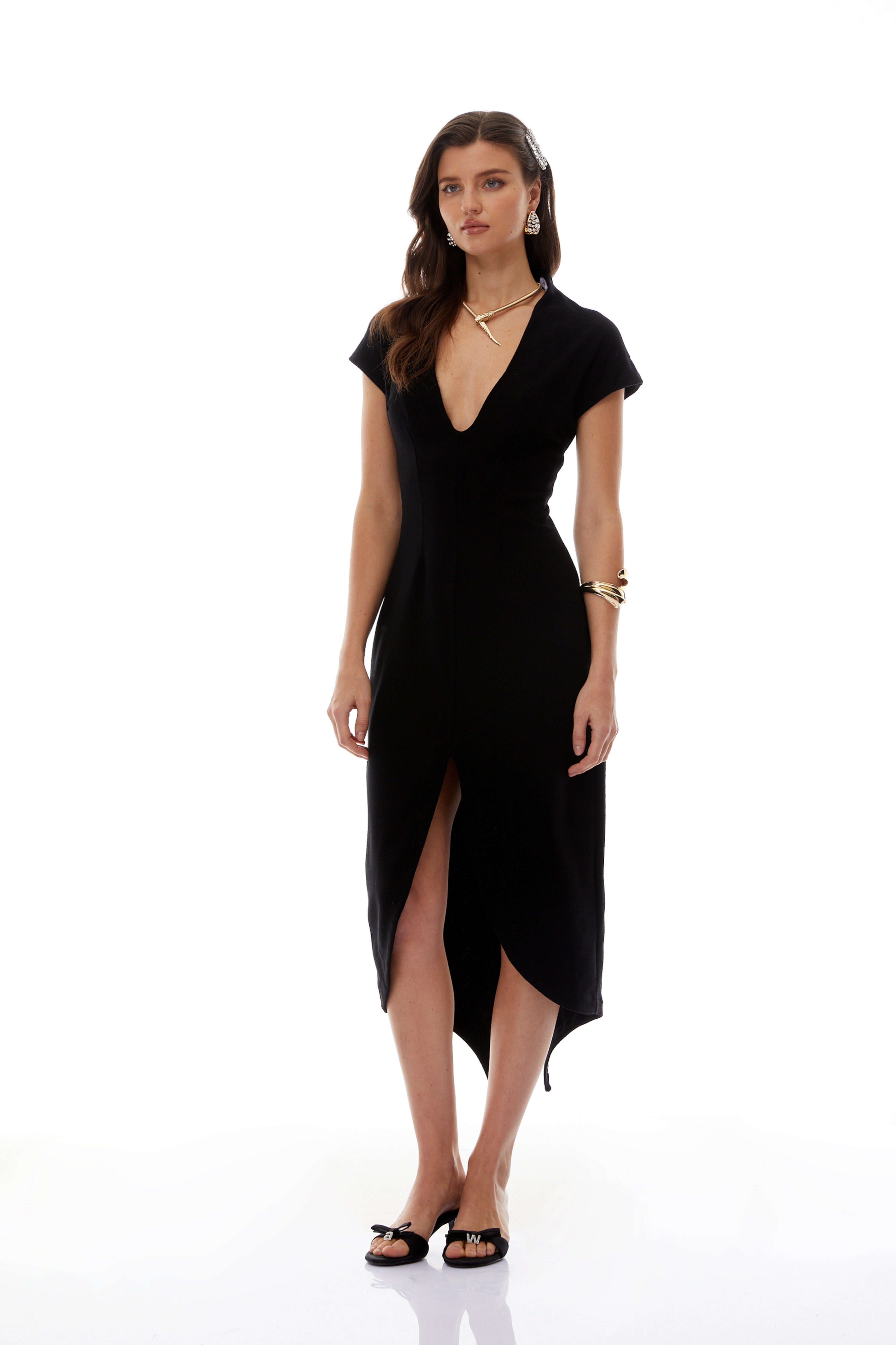 V Neck Velvet Split Midi Dress