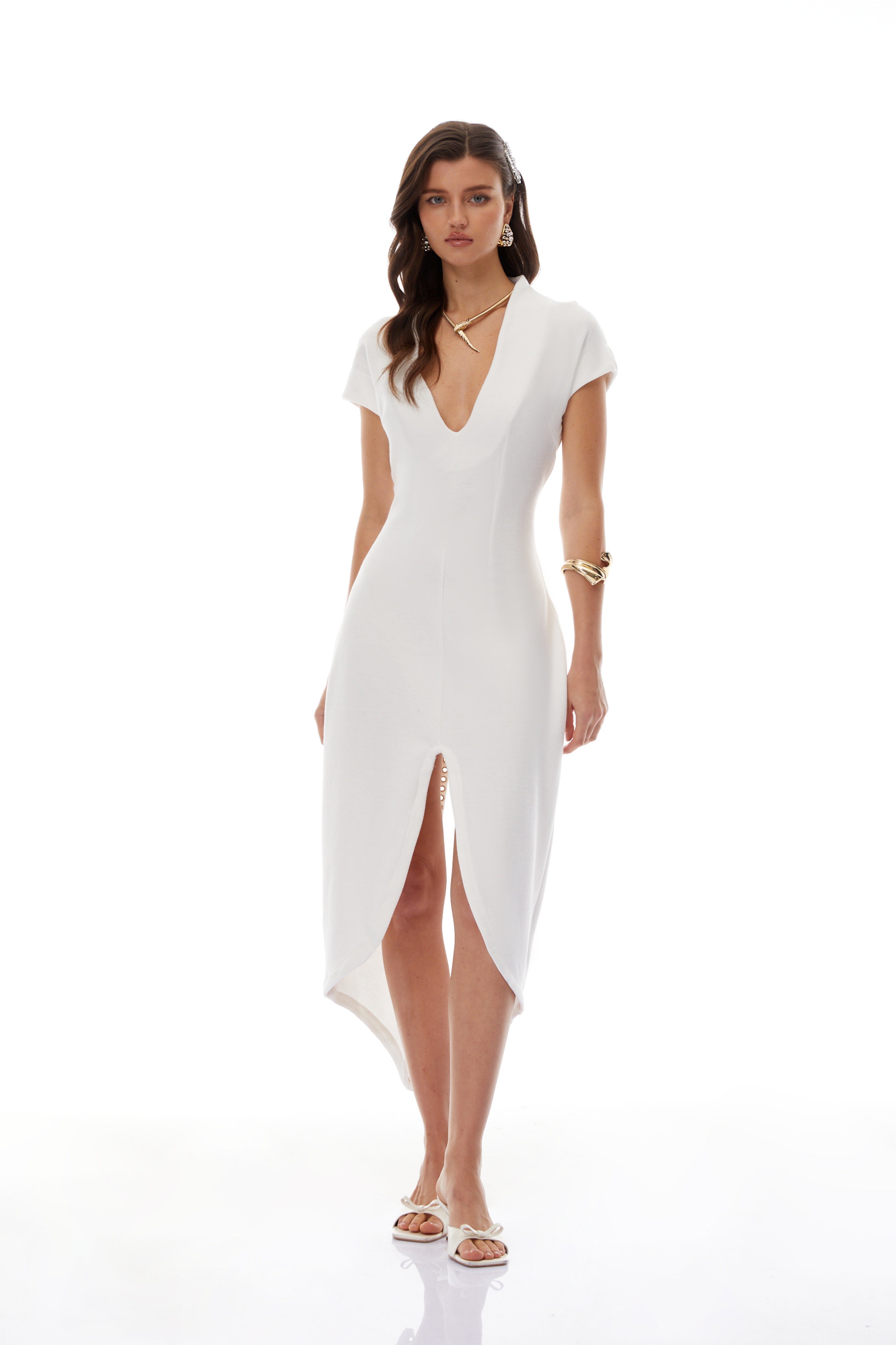 Gisela White Deep V-Neck Self-Tie Midi Dress