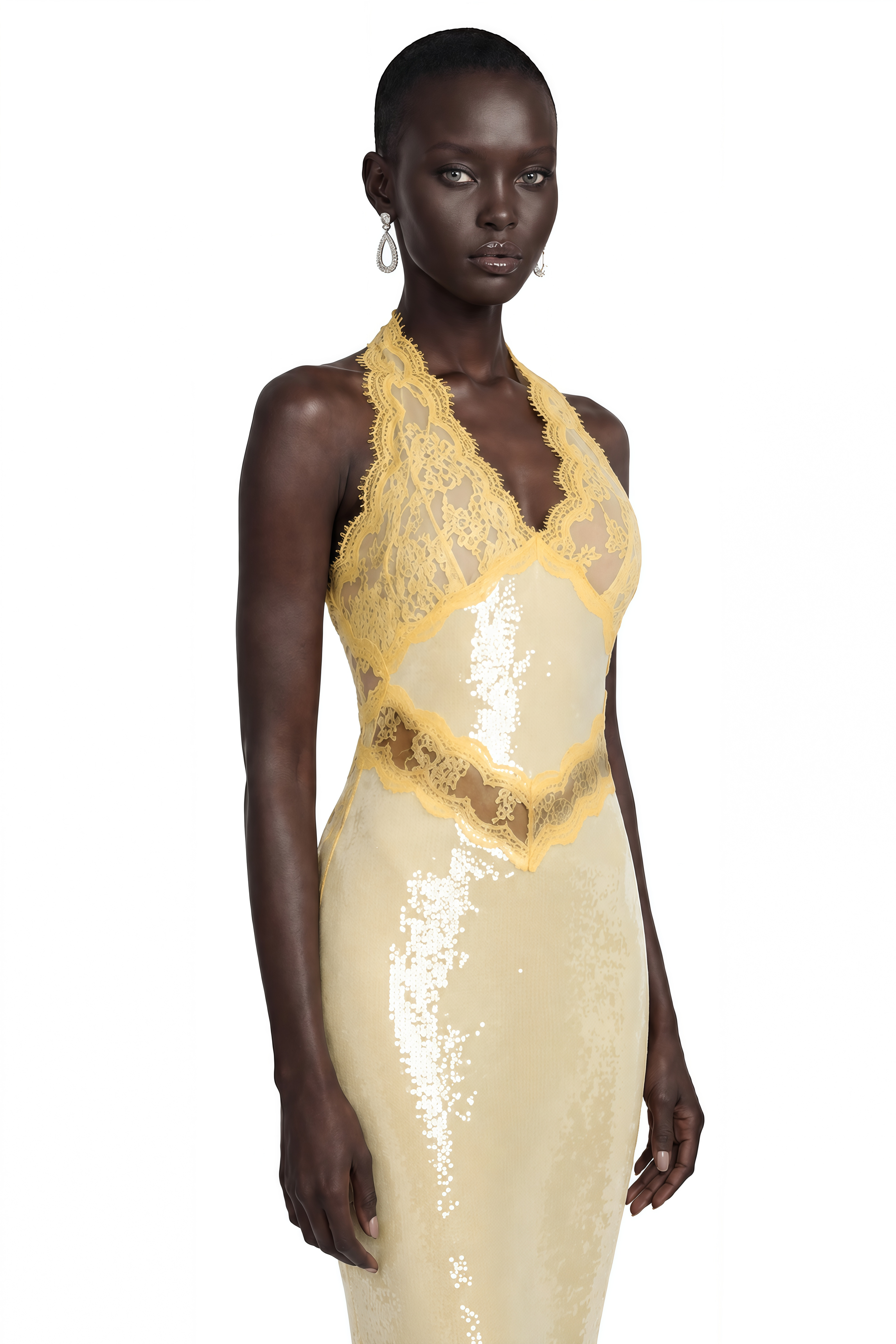 Gizem Yellow Sequin Midi Dress with Lace Panels