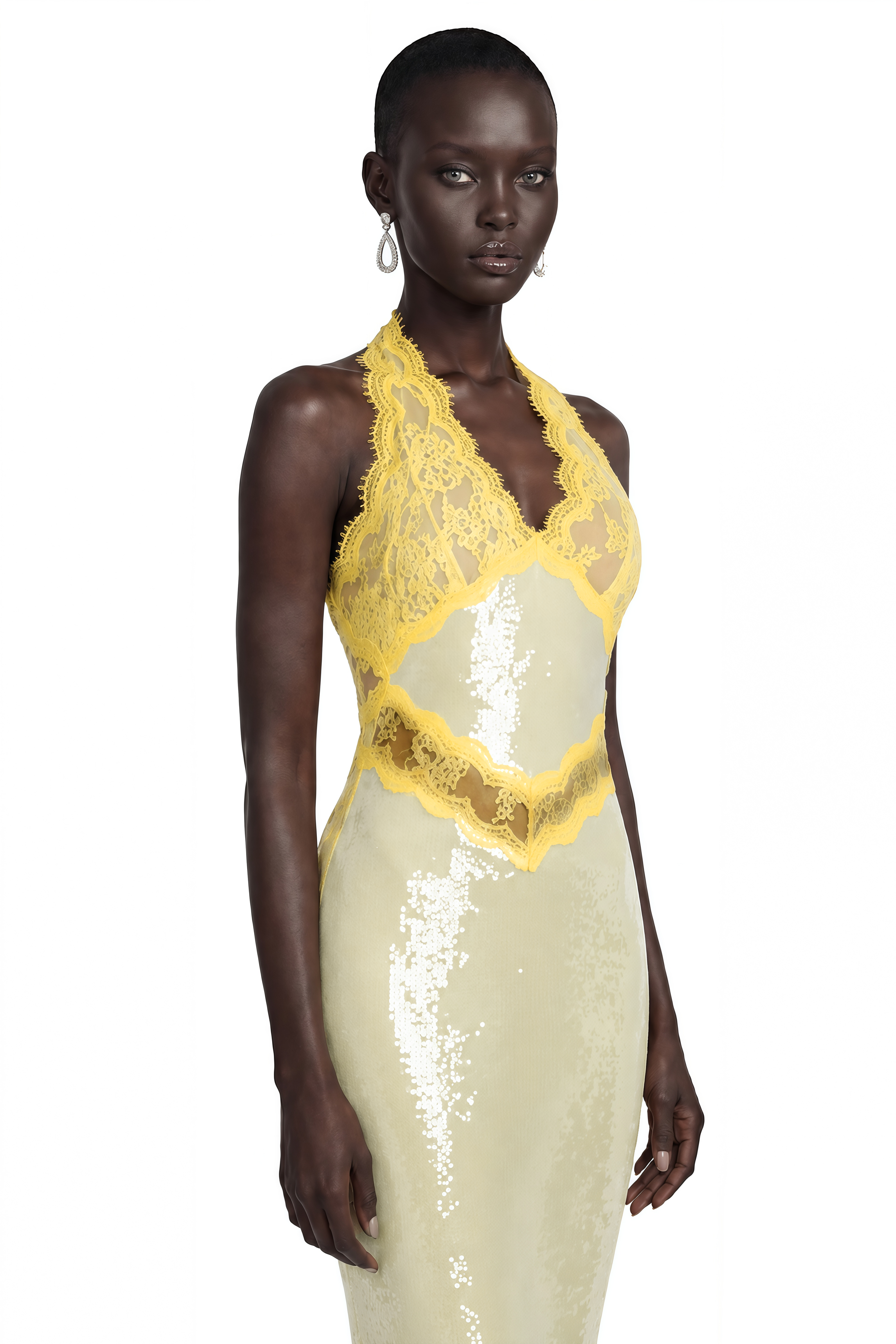 neon yellow sequin dress Yellow Sequin Plunging Neck Long Train Mermaid Prom Dress