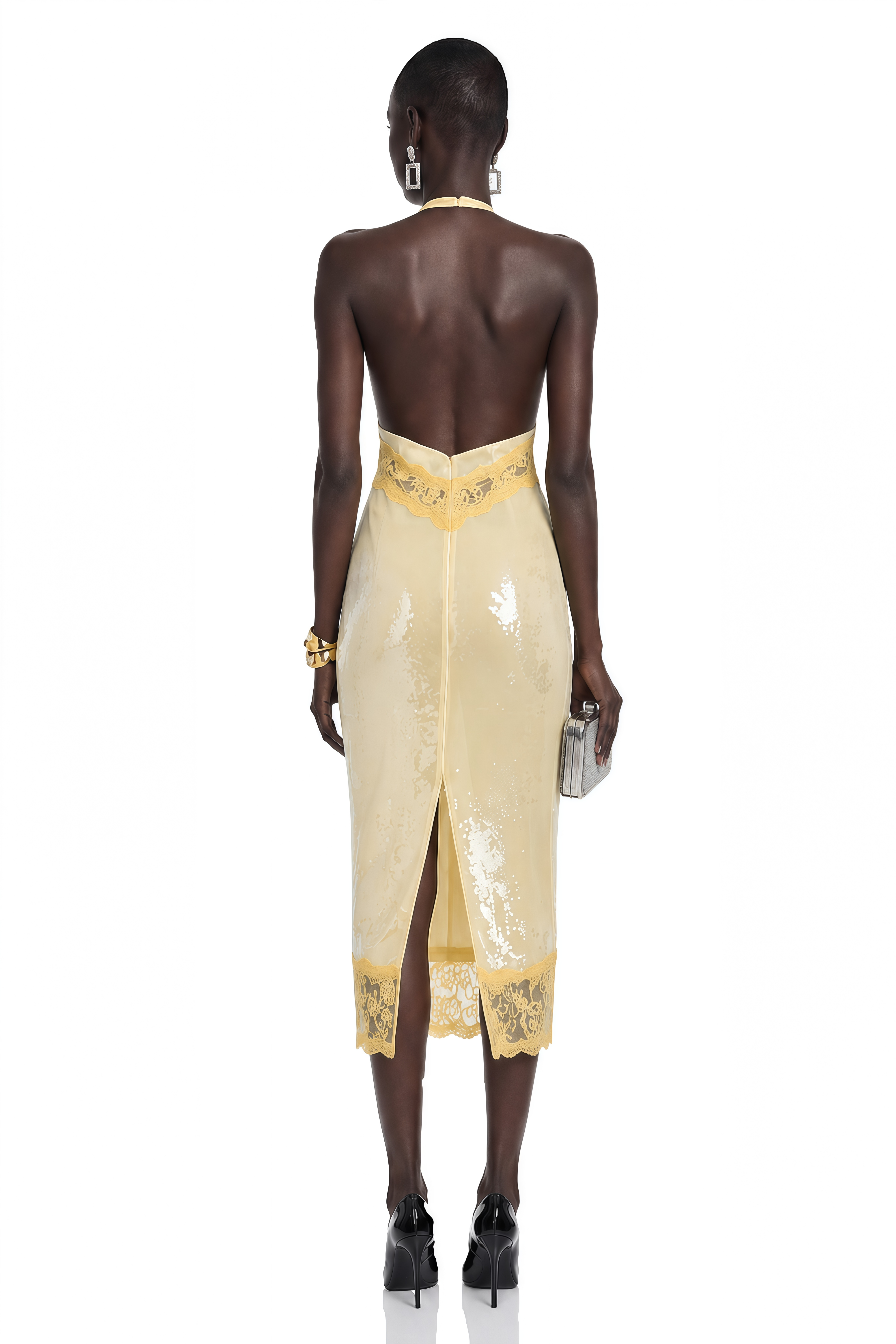 Gizem Yellow Sequin Midi Dress with Lace Panels