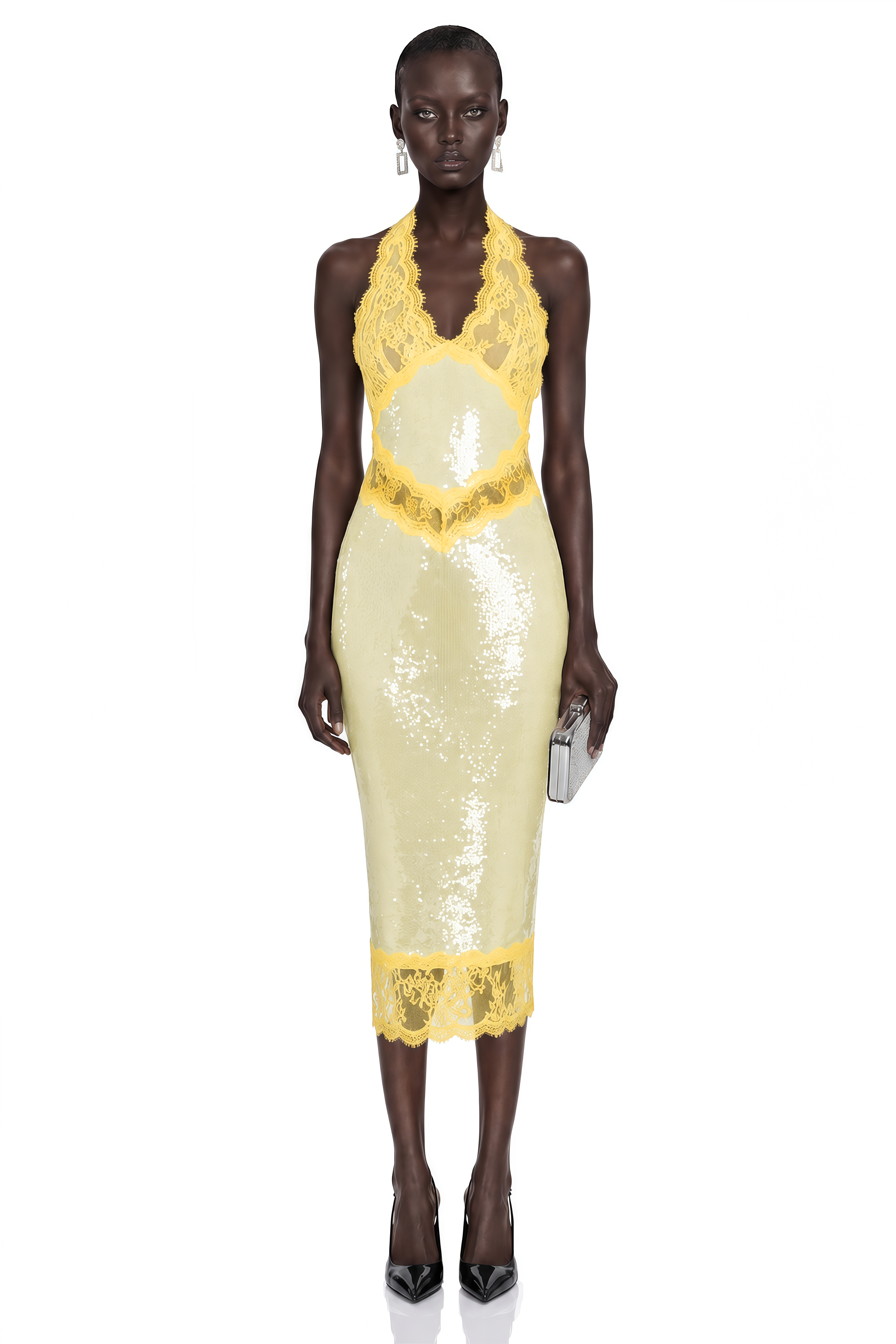 yellow sequin halter dress Yellow Embroidery Sequin Sleeveless Halter Neck Mermaid Prom Dress