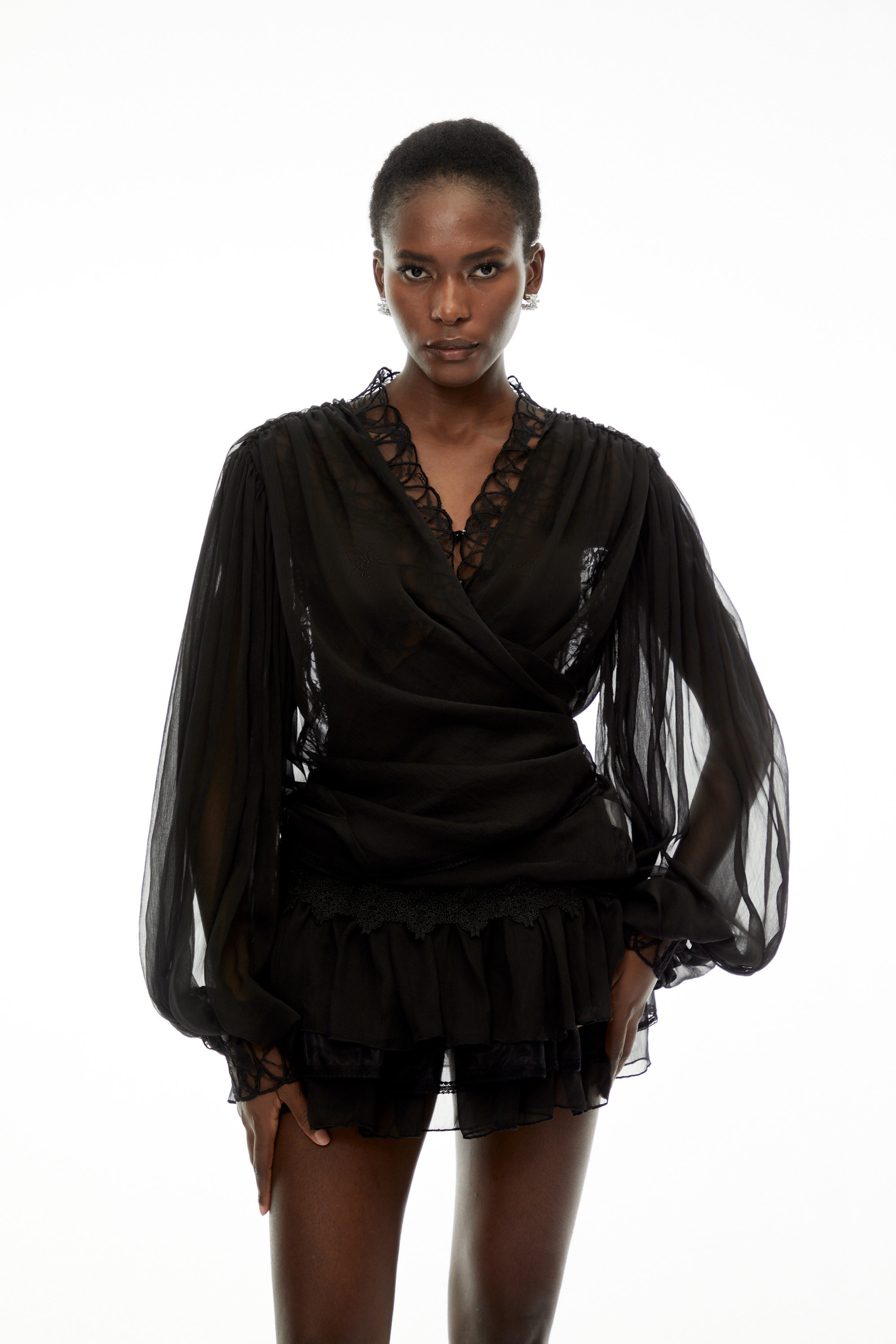 Sophie Black Lace Trim Blouse & Tiered Skirt Set