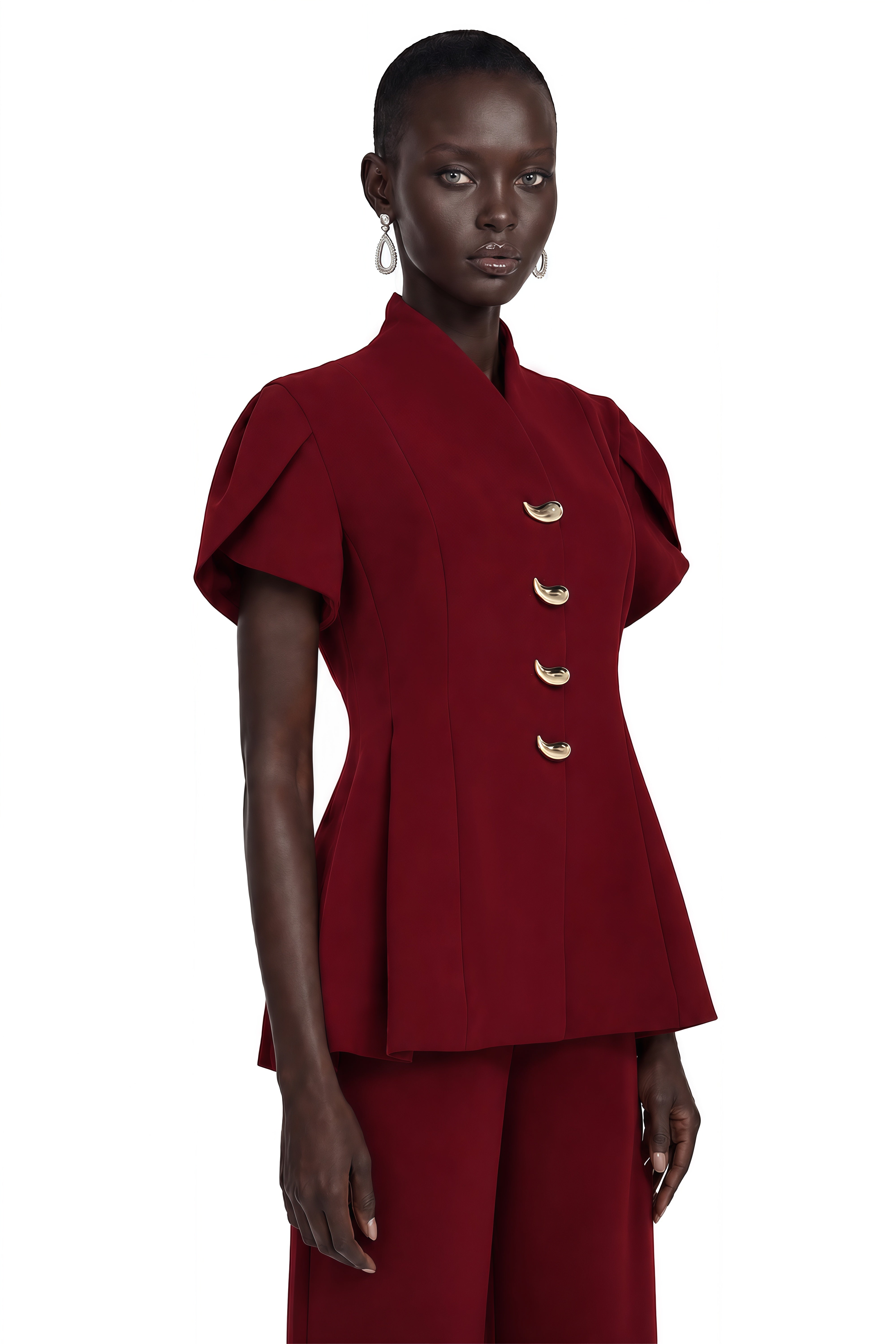 Gloria Red Puff Sleeves Blouse & Trousers Set