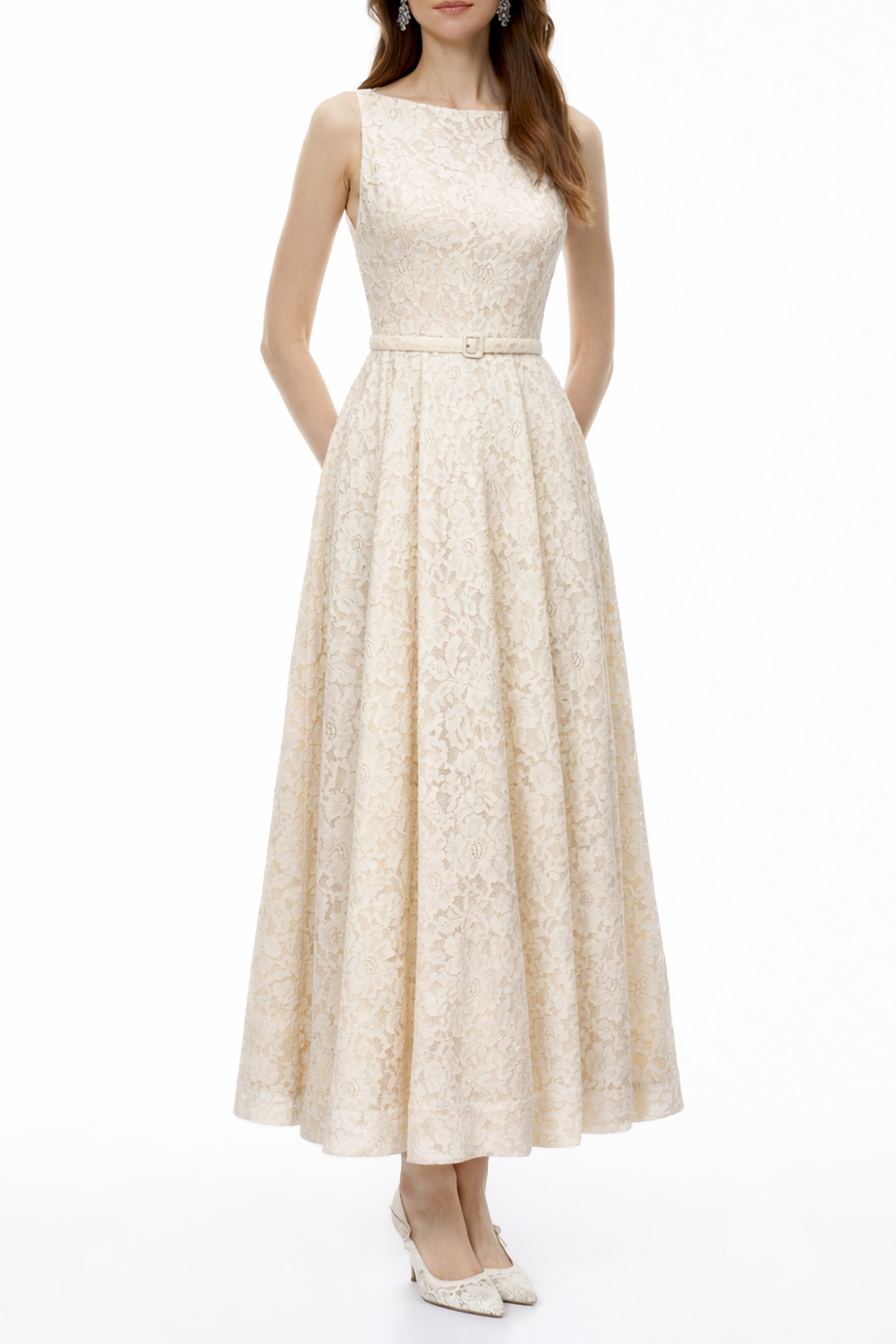 Golnar – Weißes, ärmelloses Maxikleid aus Blumen-Spitze