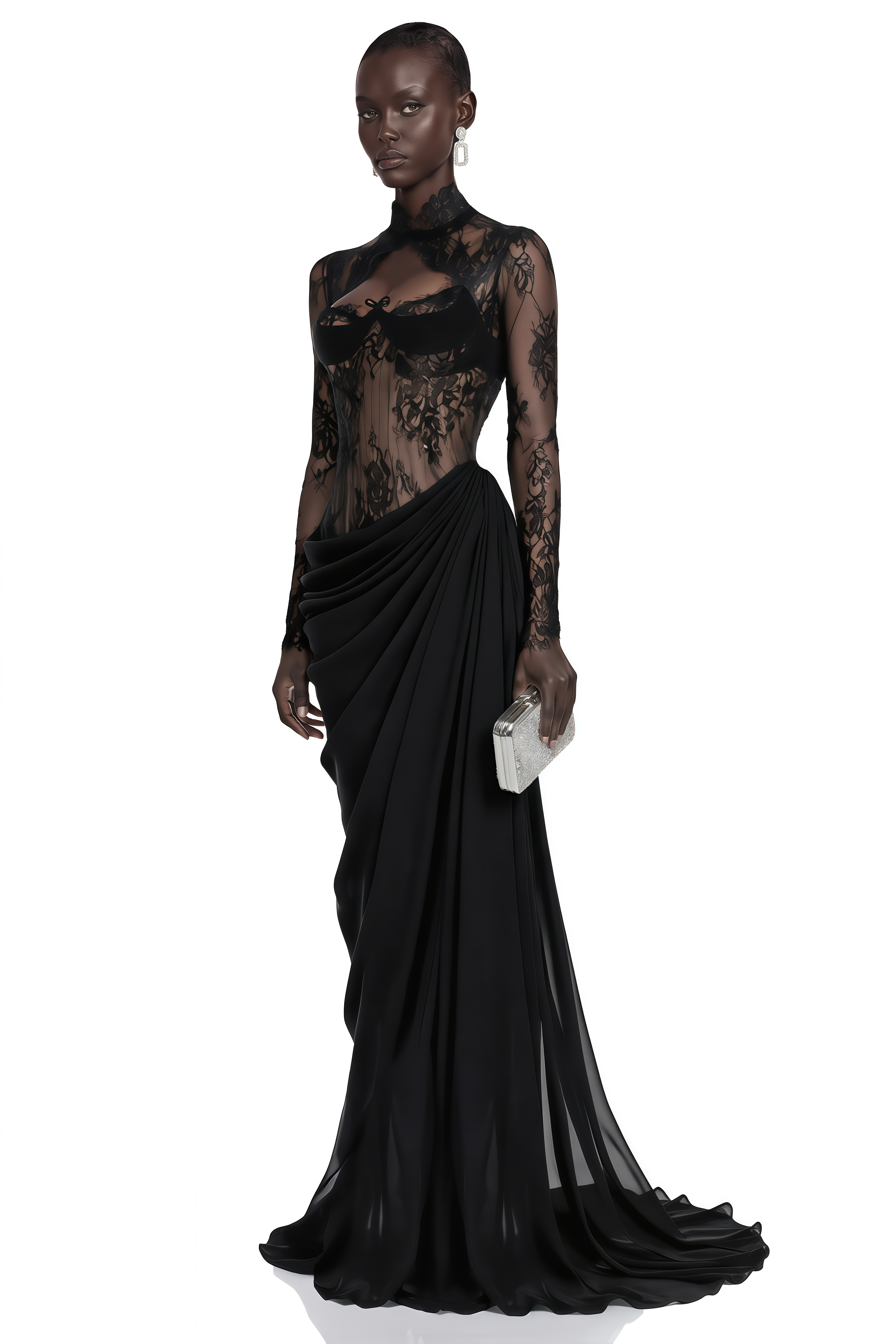 Gracie Black Ruched Maxi Dress with Lace Panels