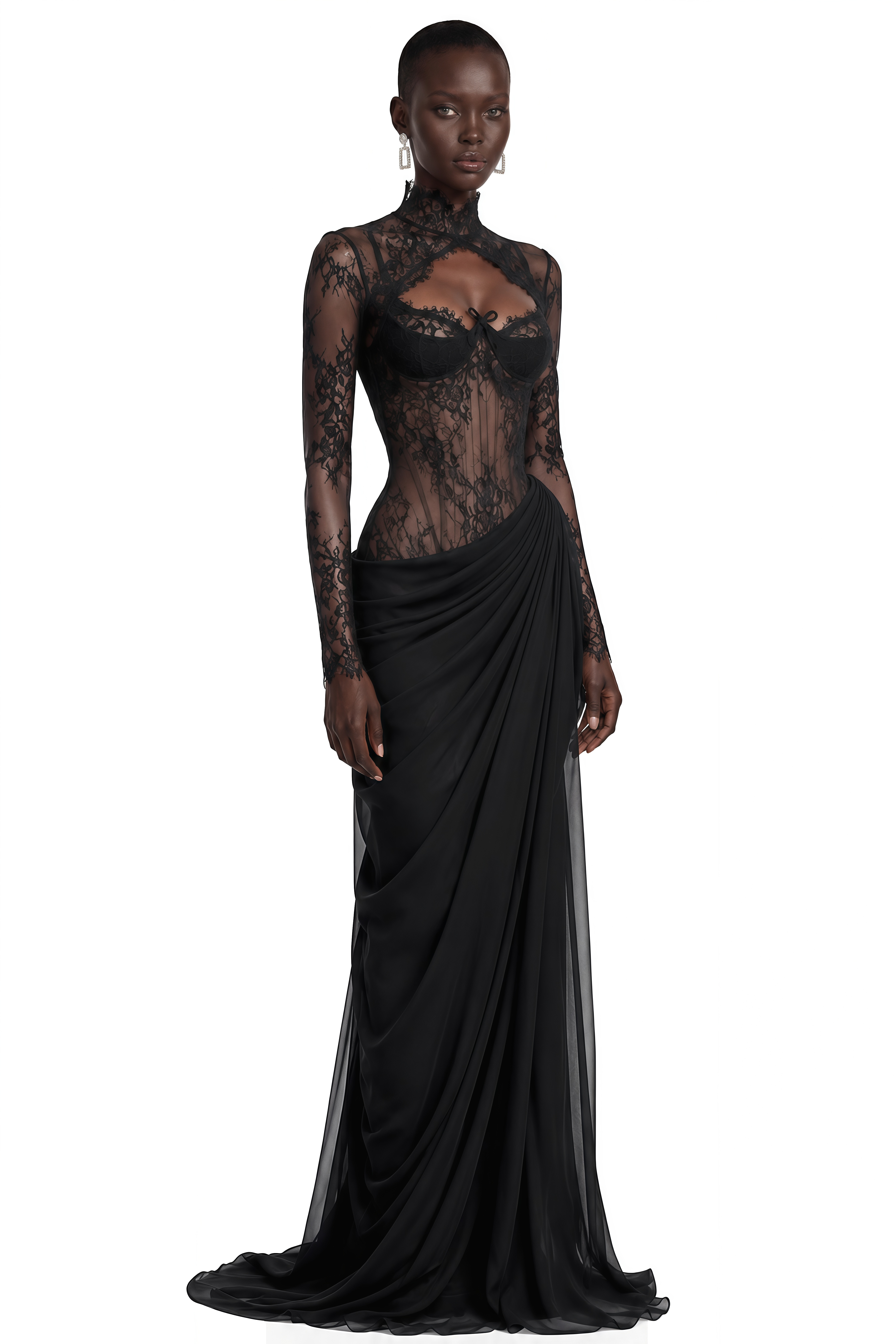 Gracie Black Ruched Maxi Dress with Lace Panels