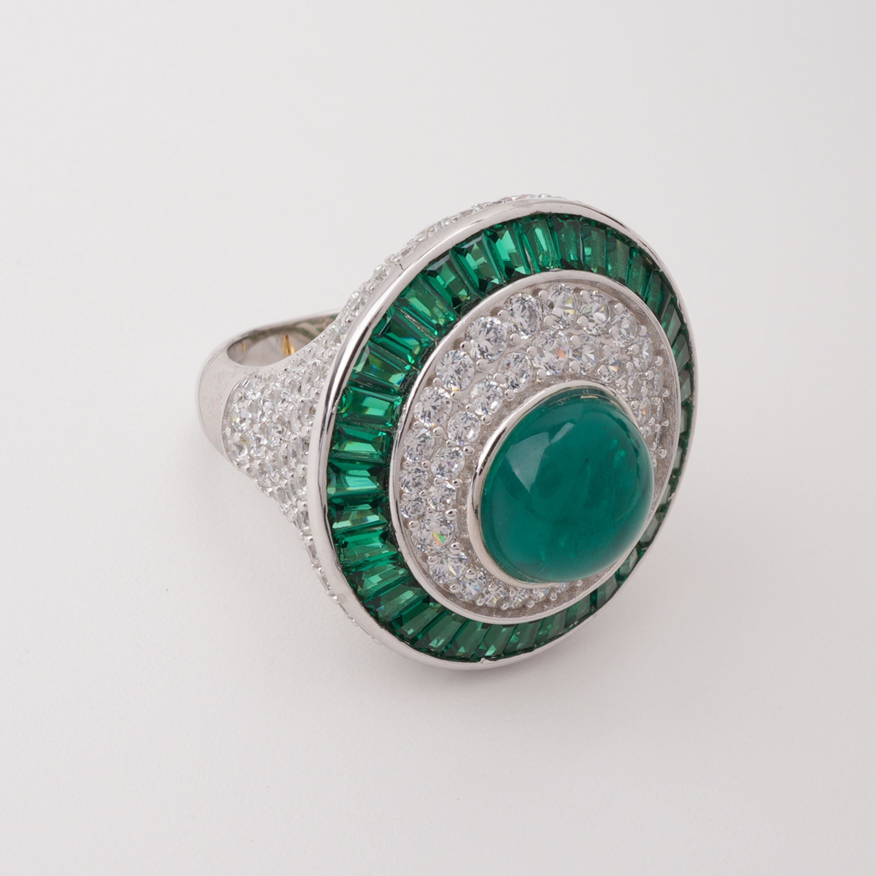 Gamze Green Emerald Cabochon Baguette Halo Pavé Crystal Sterling Silver Ring