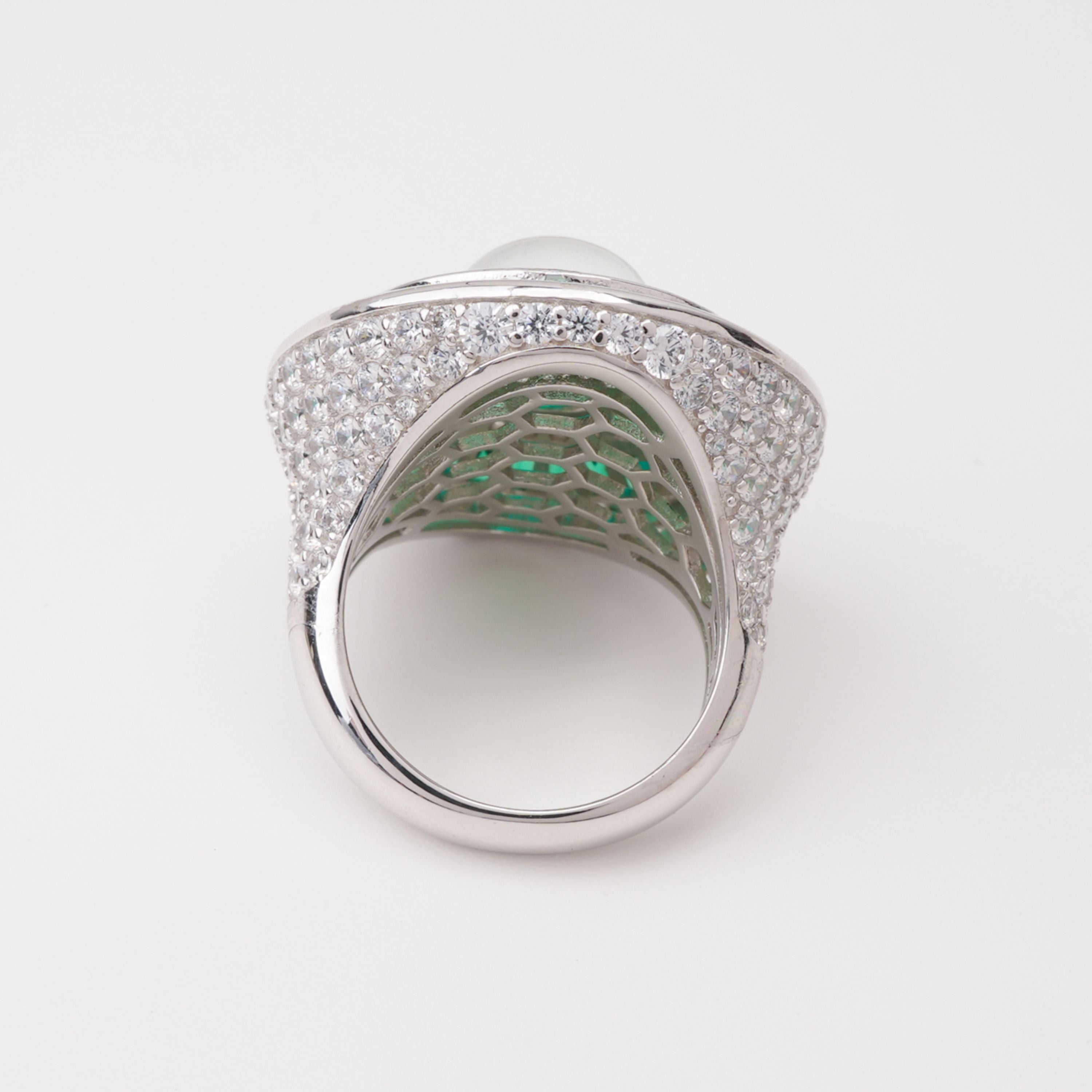 Gamze Green Emerald Cabochon Baguette Halo Pavé Crystal Sterling Silver Ring