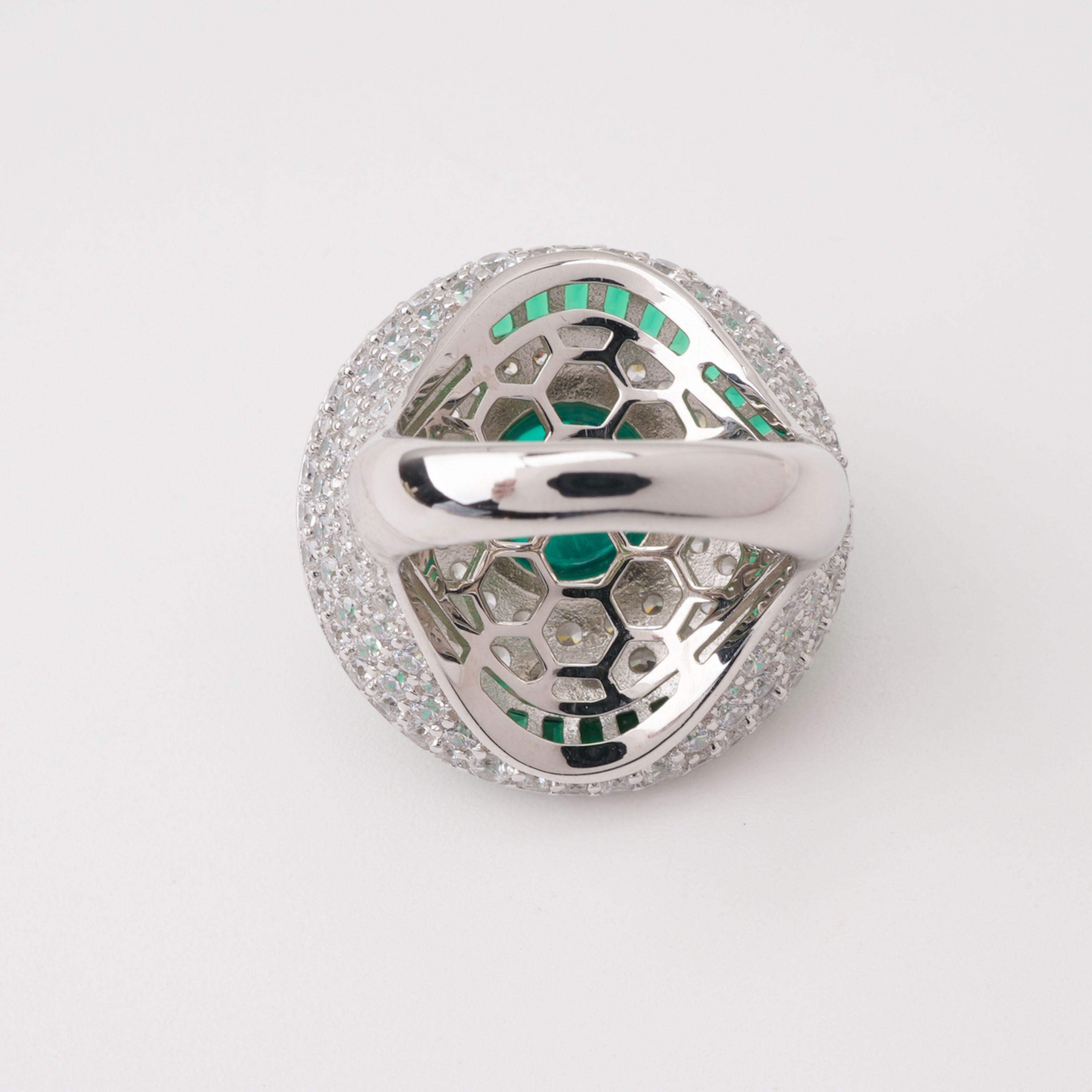Gamze Green Emerald Cabochon Baguette Halo Pavé Crystal Sterling Silver Ring
