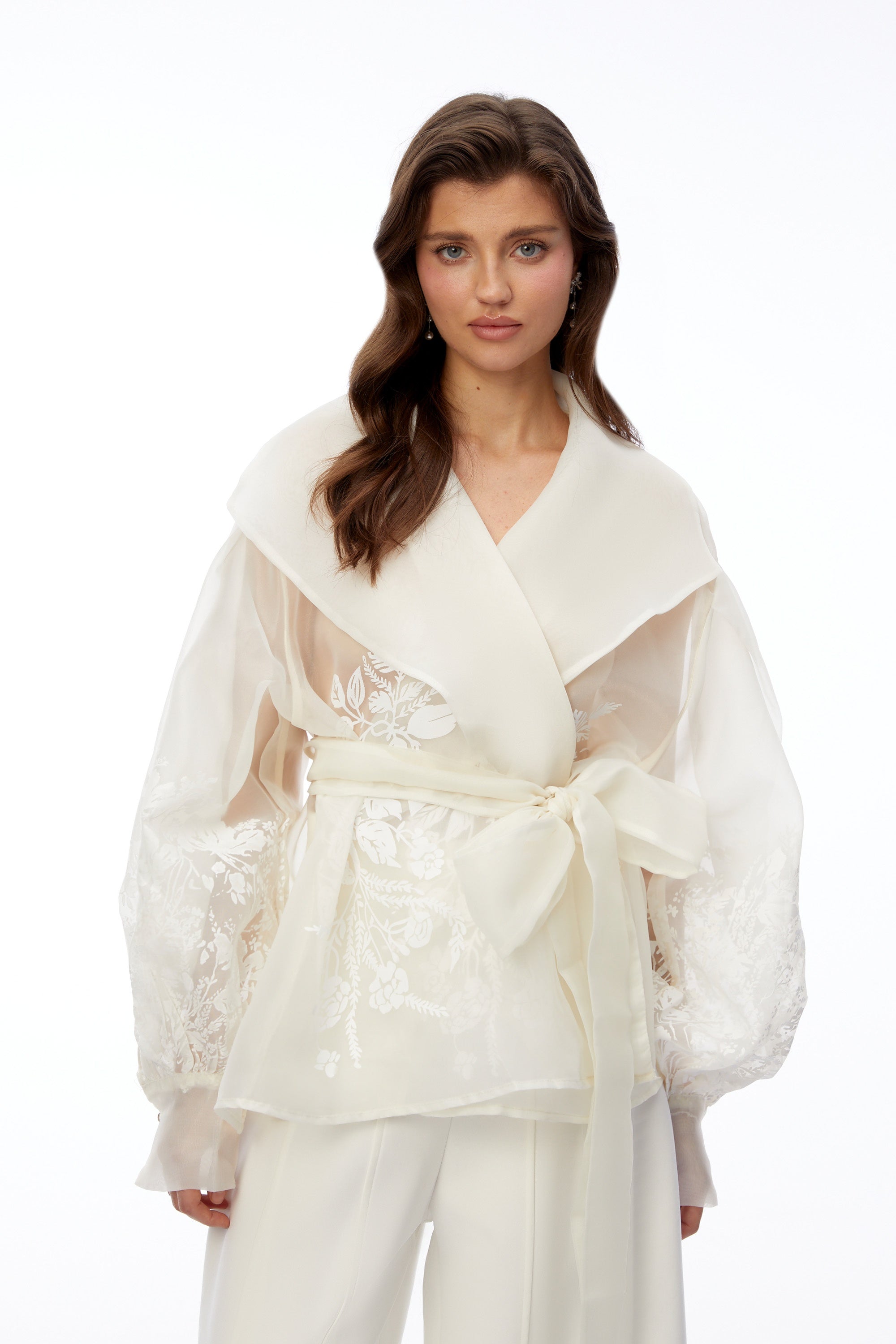 Griselda Ivory Floral Embroidered Blouse with Lapel Collar