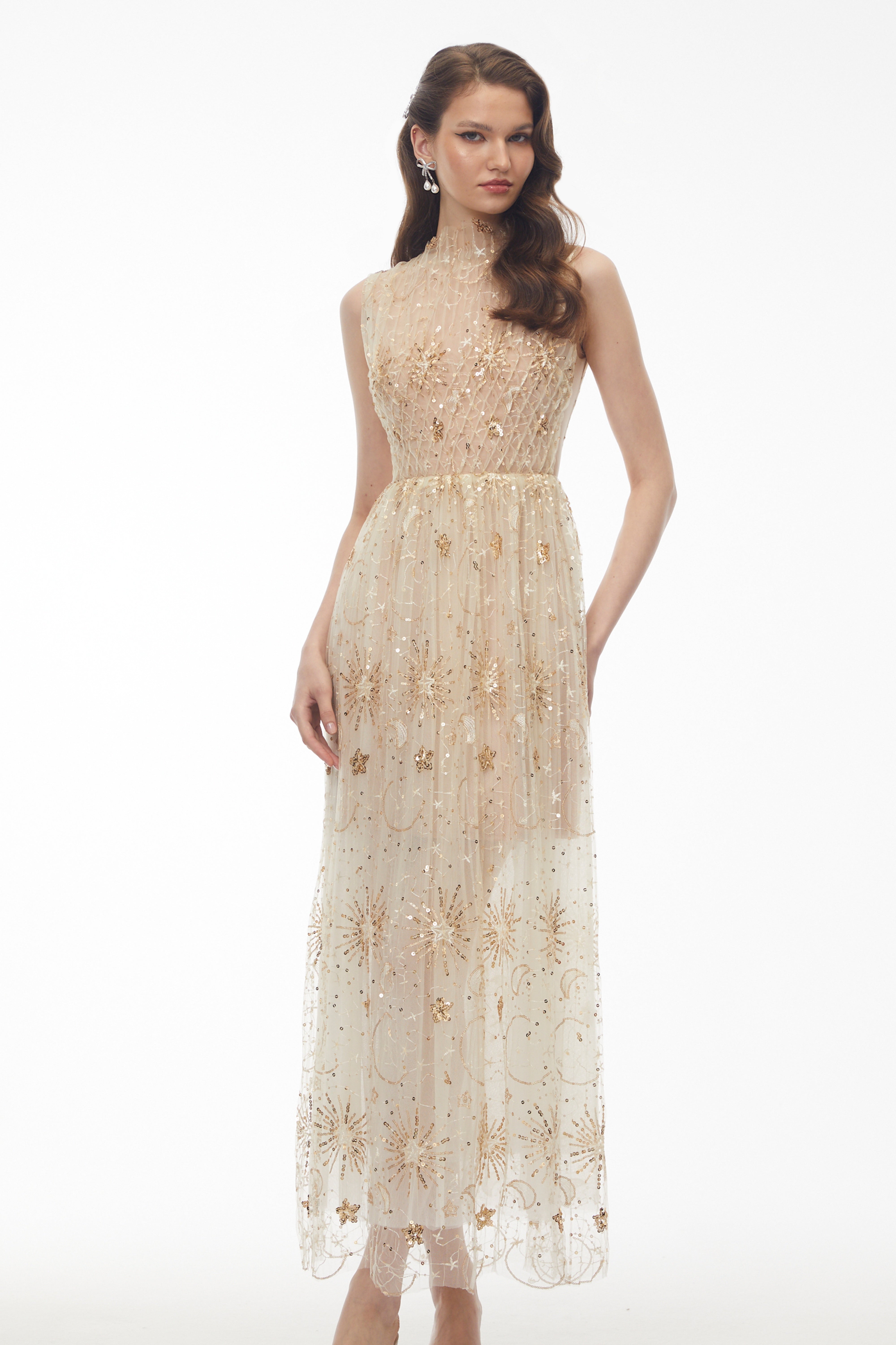 Guadalupe Champagne Sequin Ruched Maxi Dress