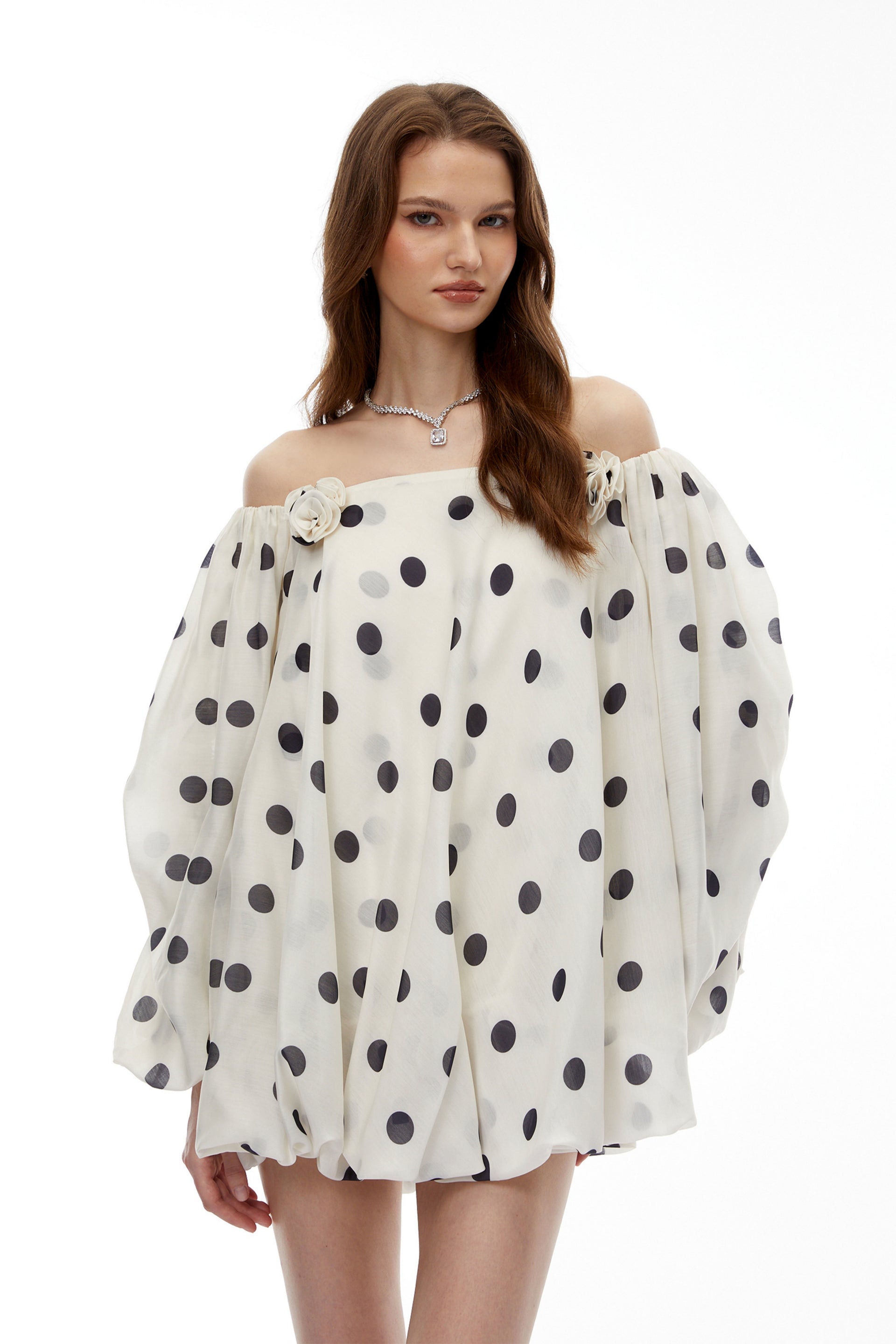 white polka dot off the shoulder dress Gudrun White Off Shoulder Polka Dot Mini Dress, M / White