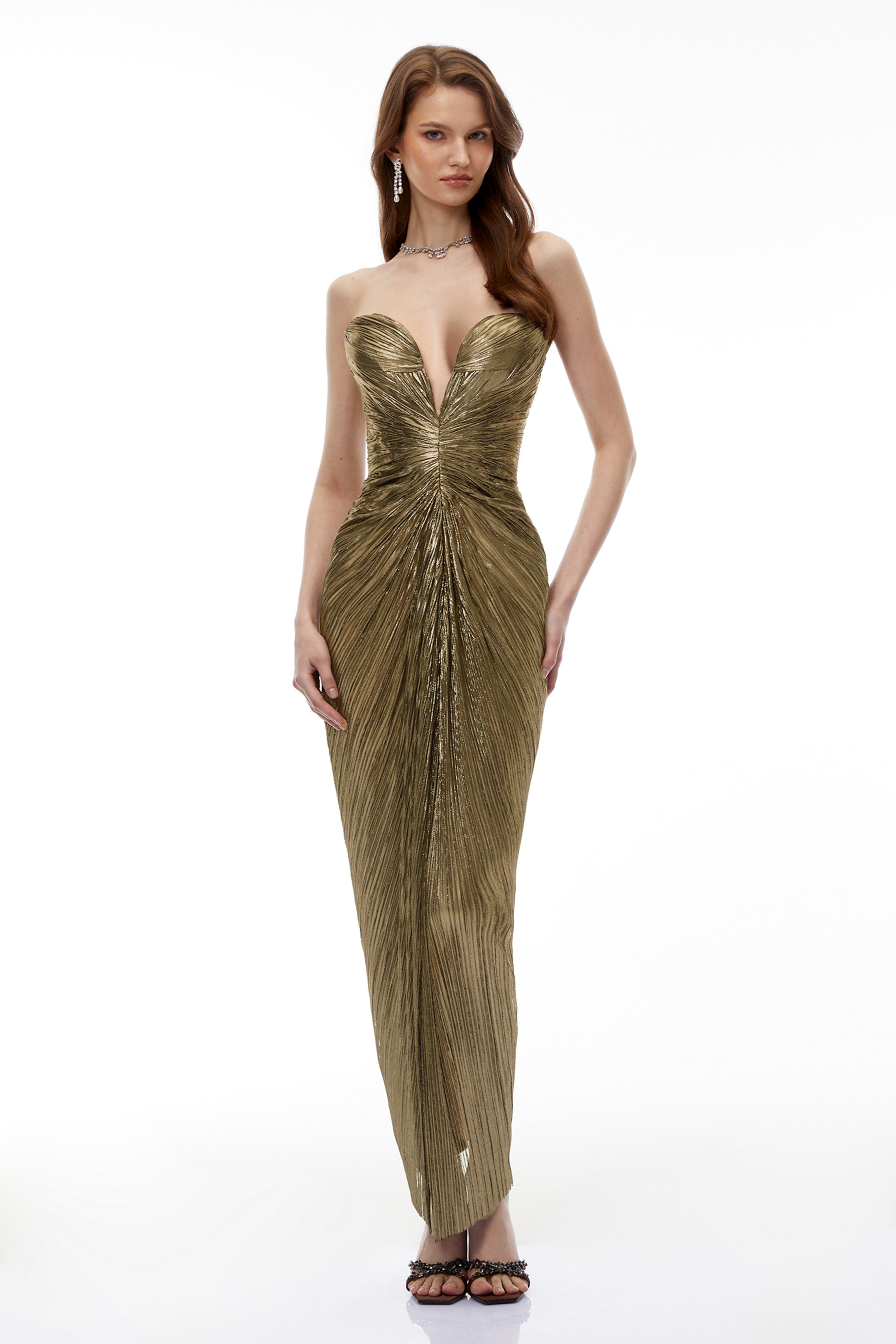 Guillermo Gold Maxikleid mit schulterfreiem Ausschnitt