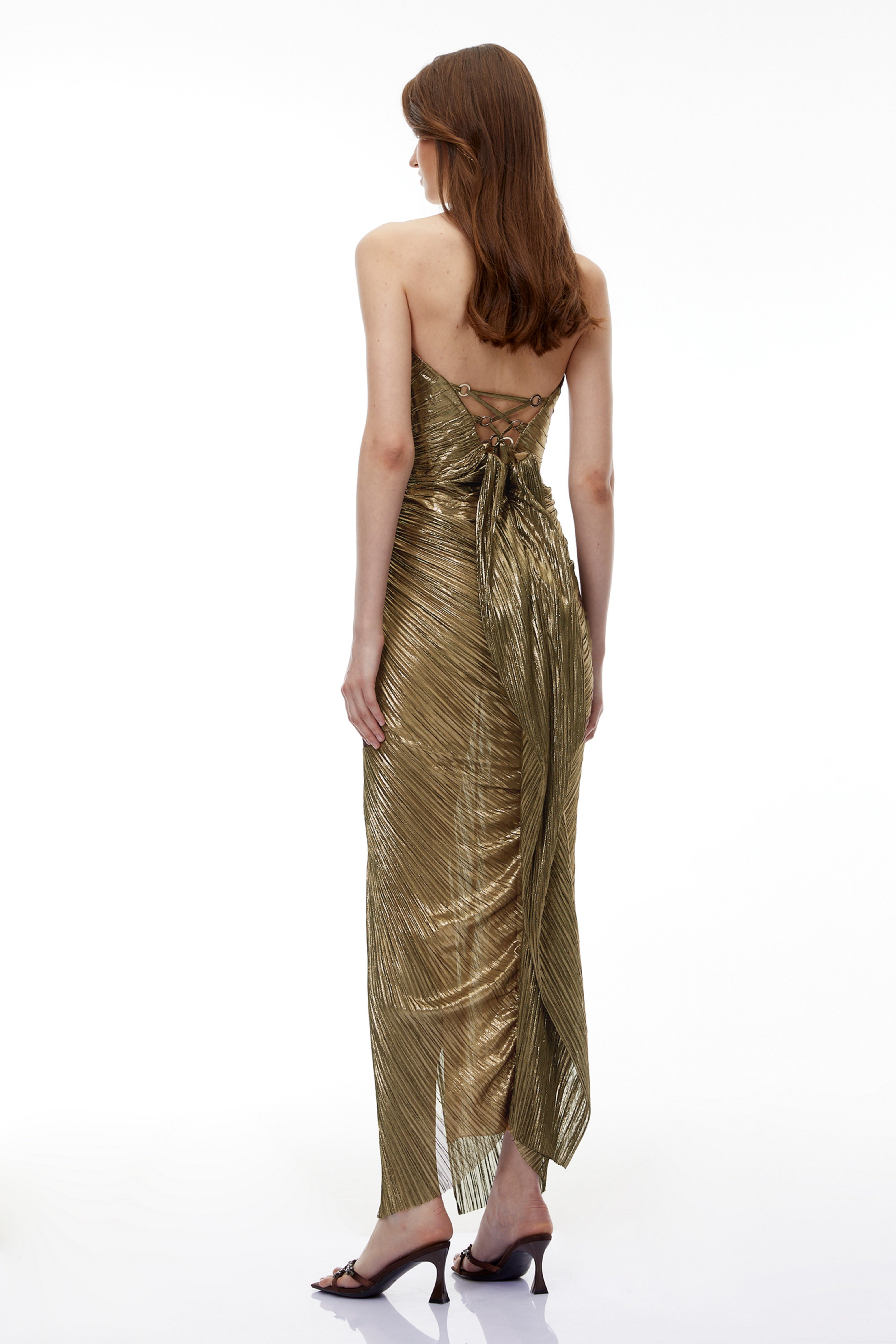 Guillermo Gold Maxikleid mit schulterfreiem Ausschnitt