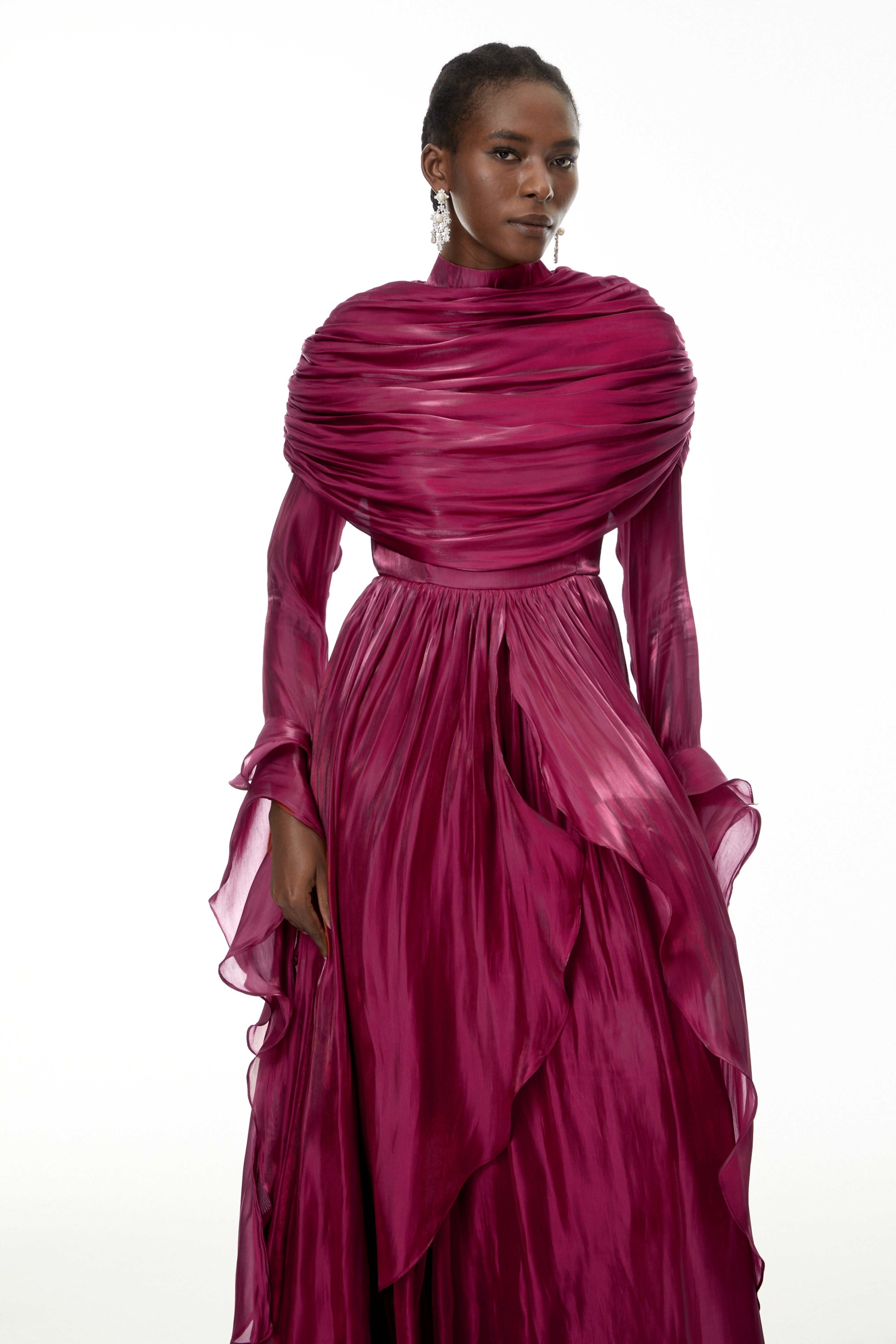 Gustave Burgundy Ruched Cape Ruffled Maxi Dress