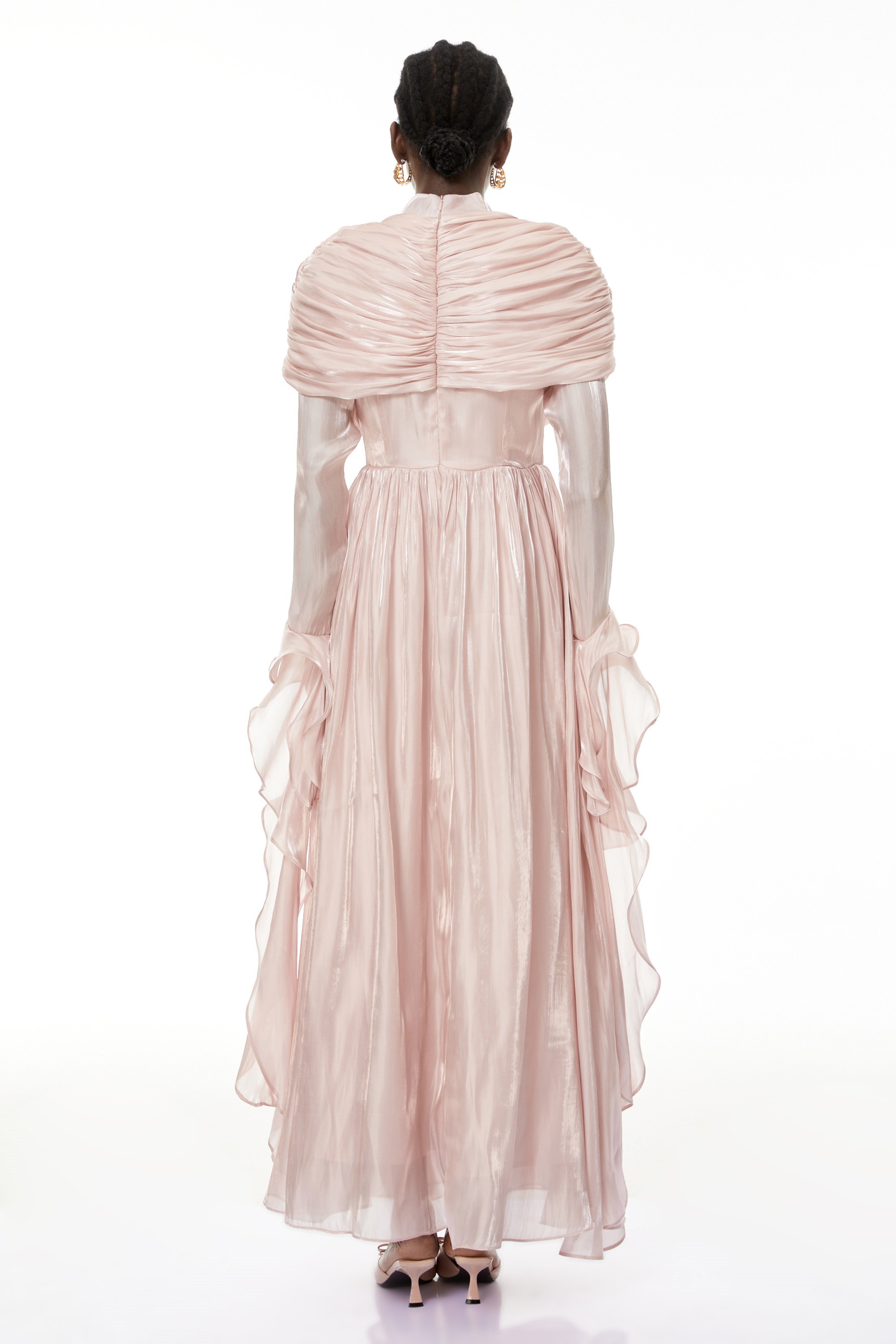 Gustave Pink Ruched Cape Ruffled Maxi Dress