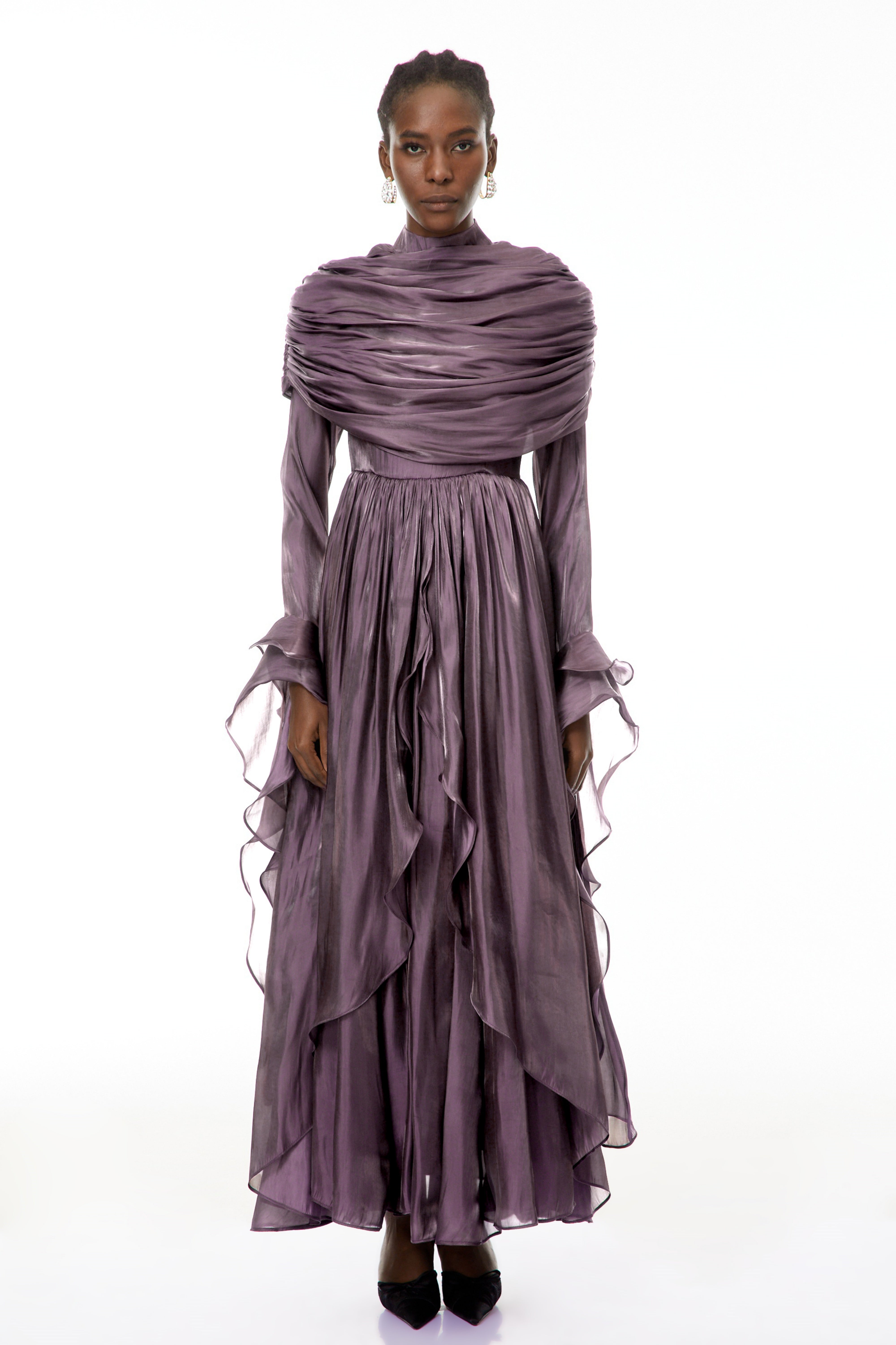 Gustave Purple Ruched Cape Ruffled Maxi Dress