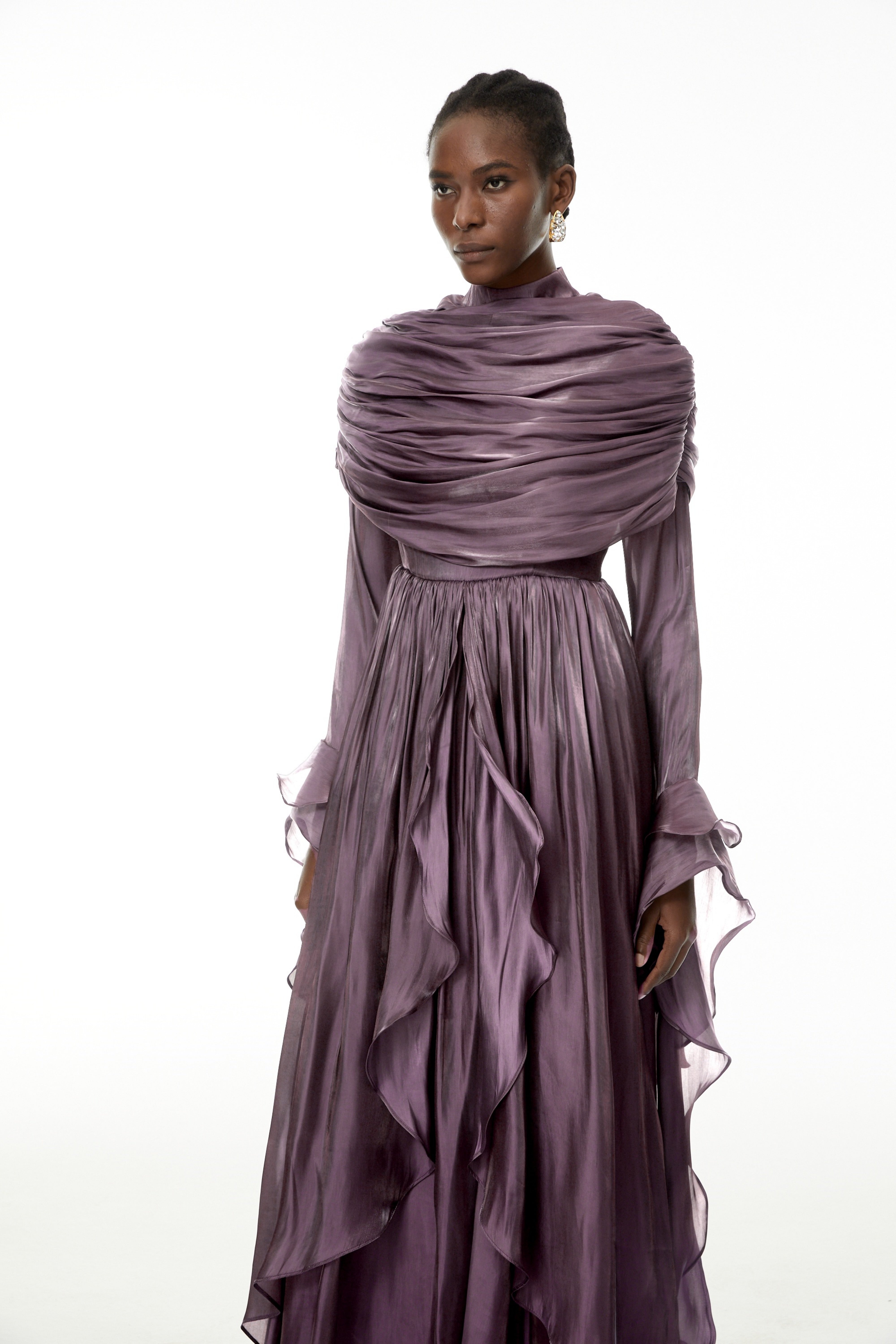 Gustave Purple Ruched Cape Ruffled Maxi Dress