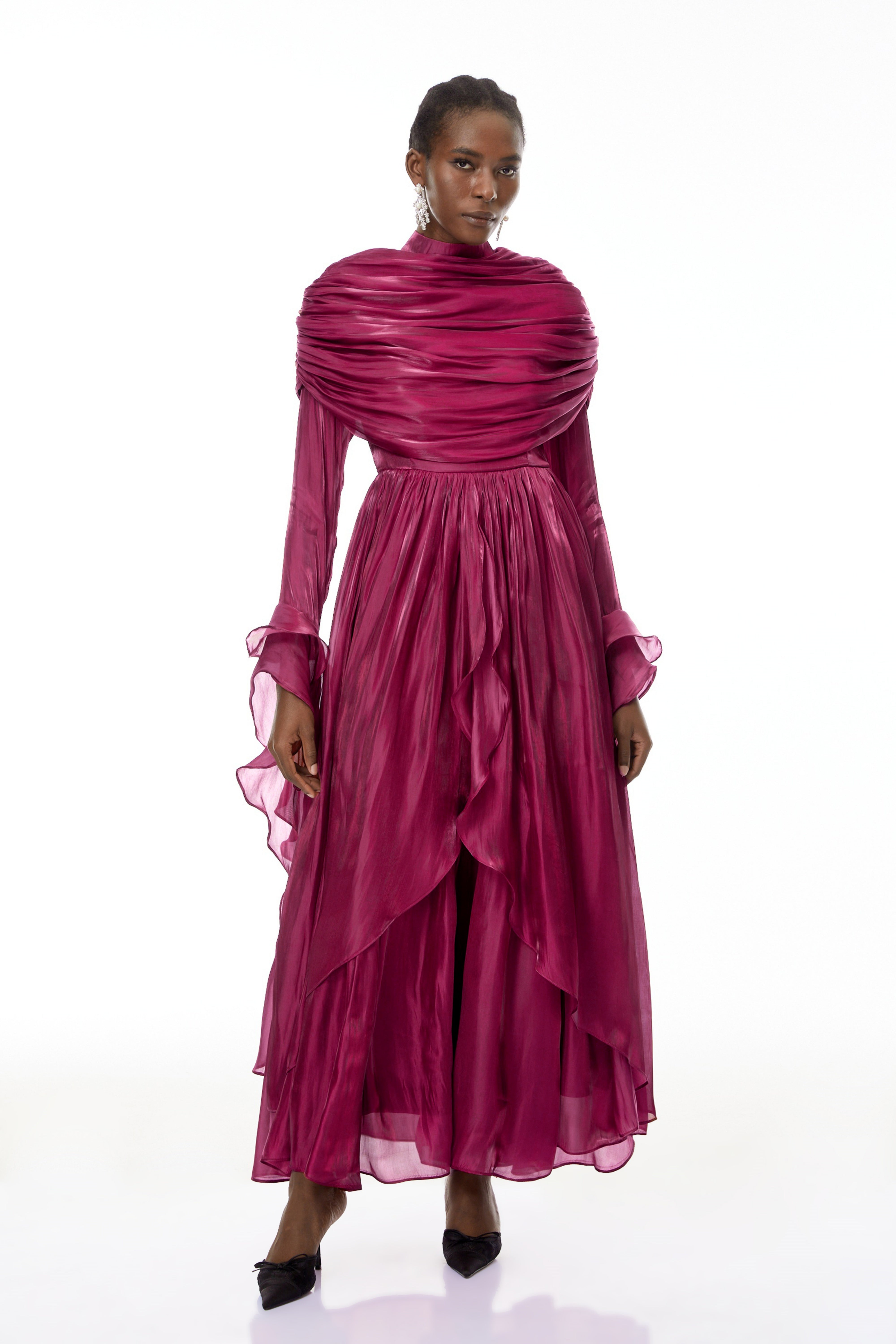 Gustave Burgundy Ruched Cape Ruffled Maxi Dress