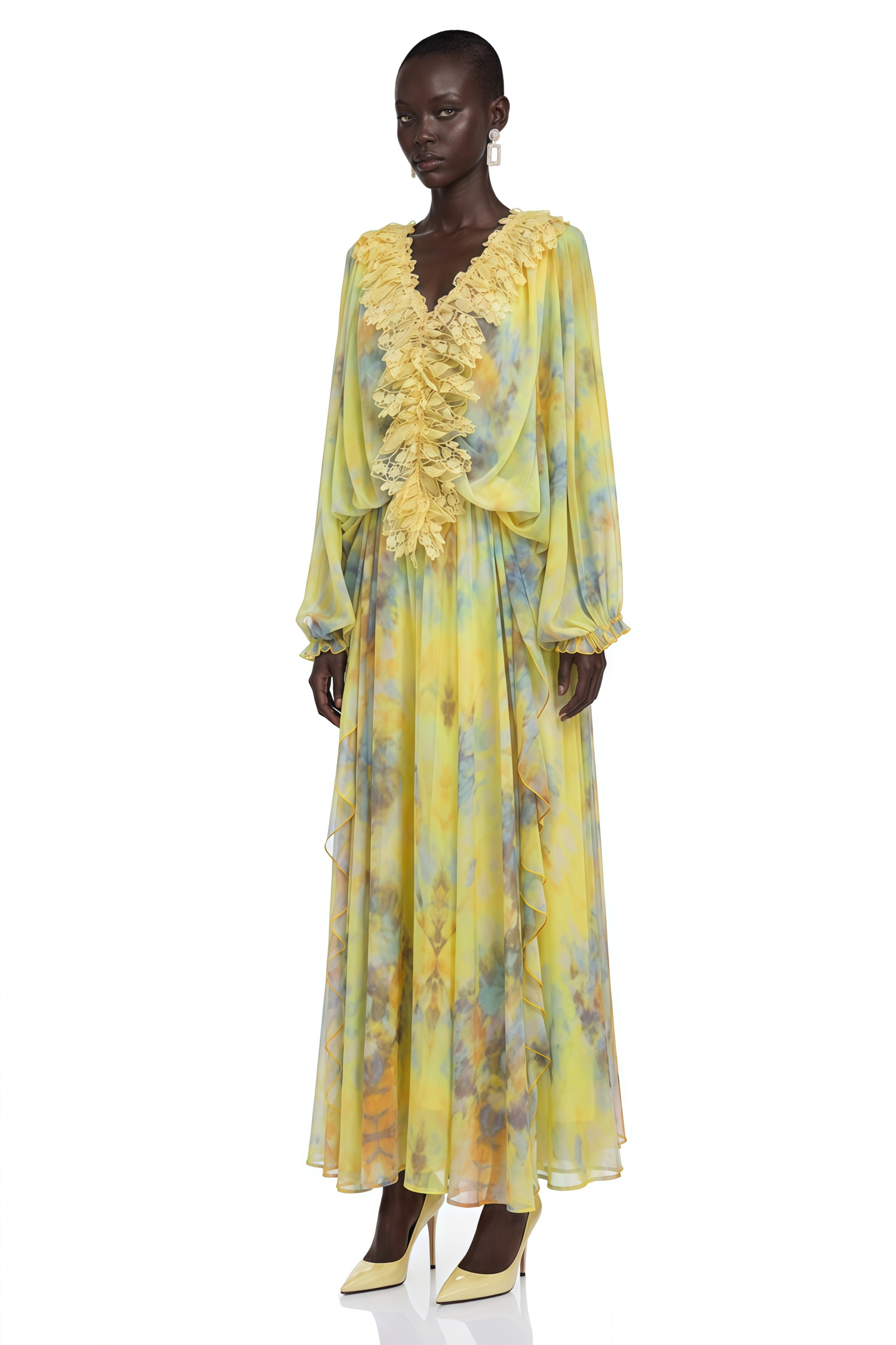 Gwendolen Yellow Floral Print Maxi Dress with Lace Trim