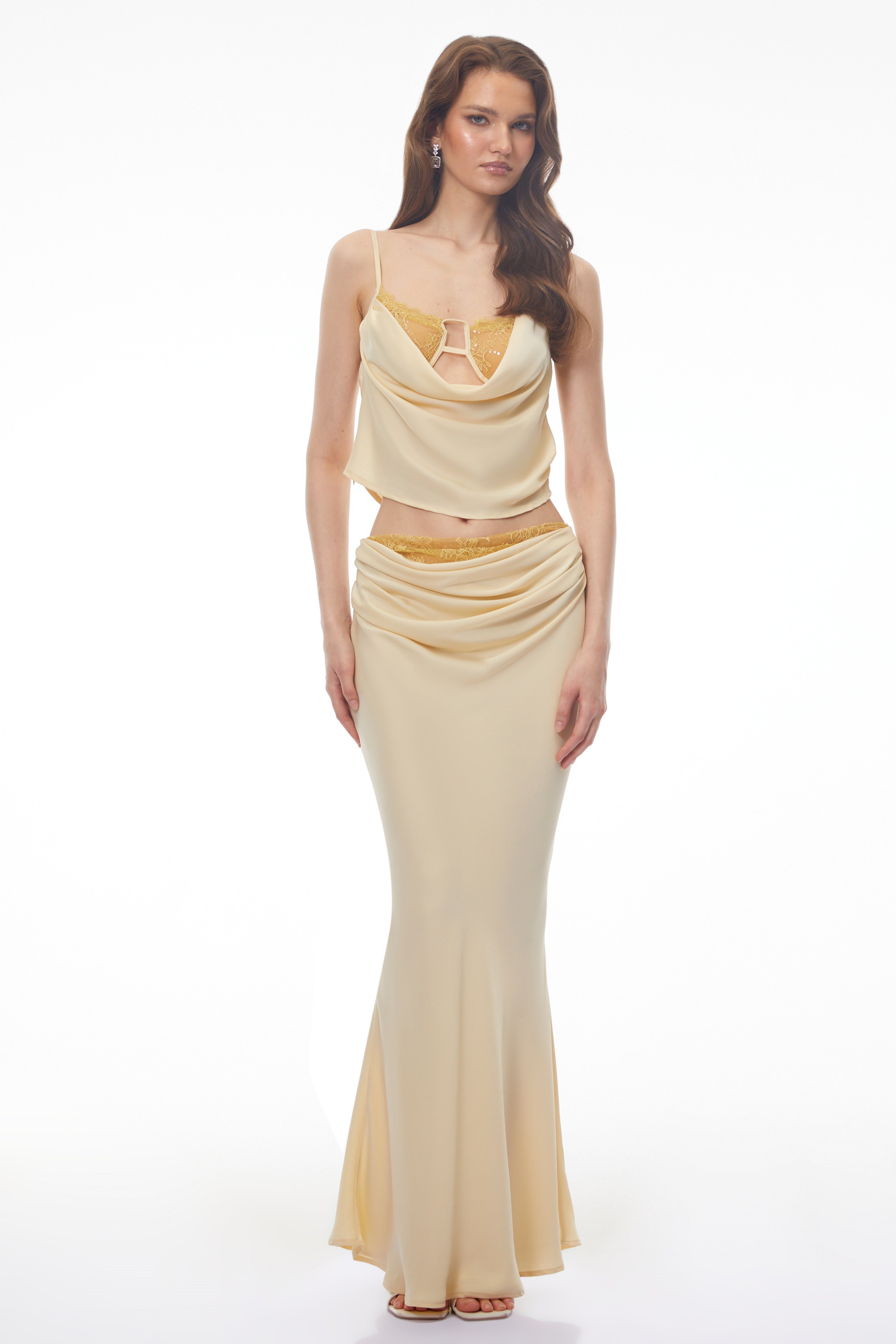 Gwendolyn Yellow Ruched Top & High Waisted Skirt Set