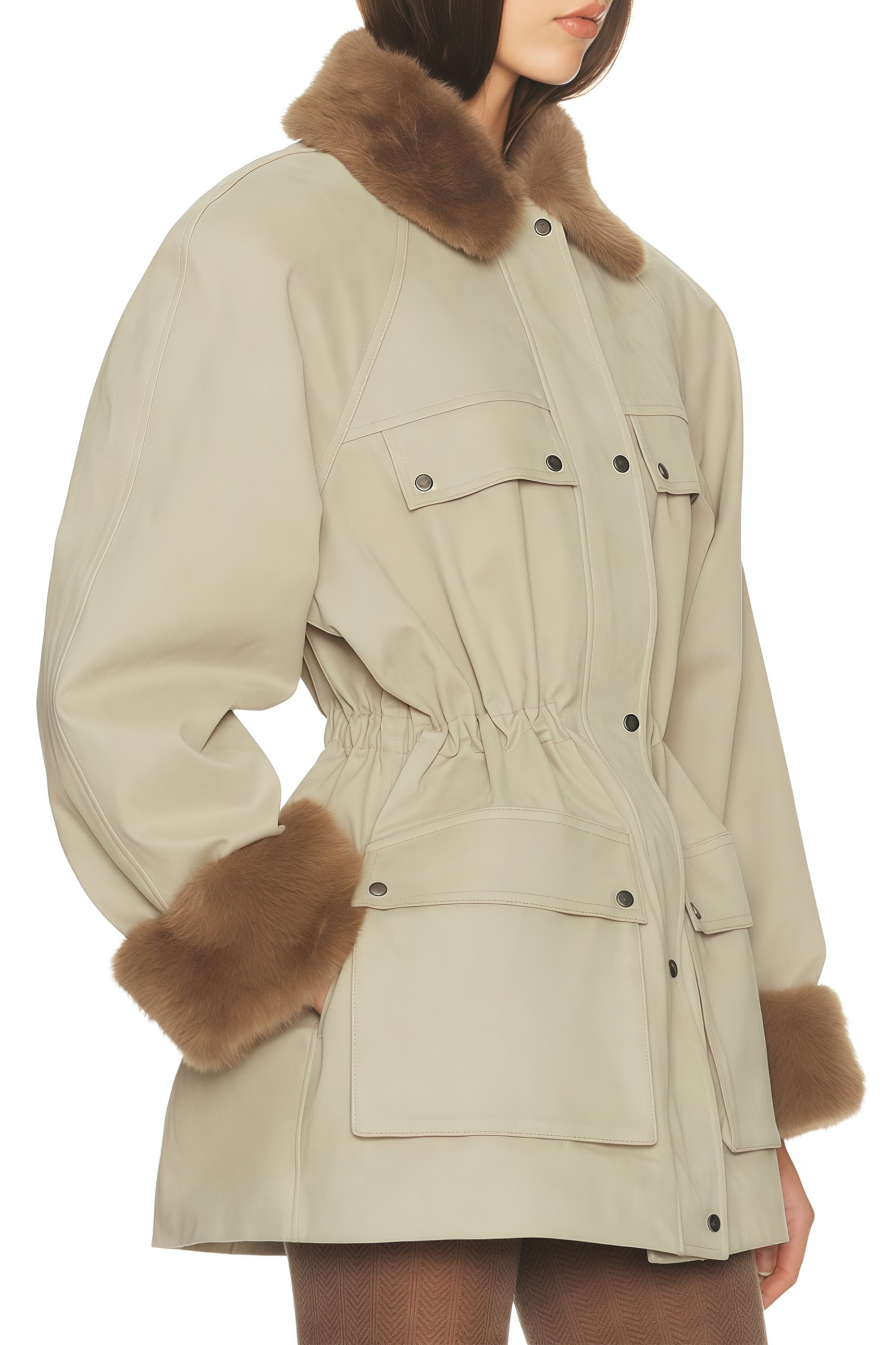 Haven Neutral Faux-Fur Trim Balmoral Jacket