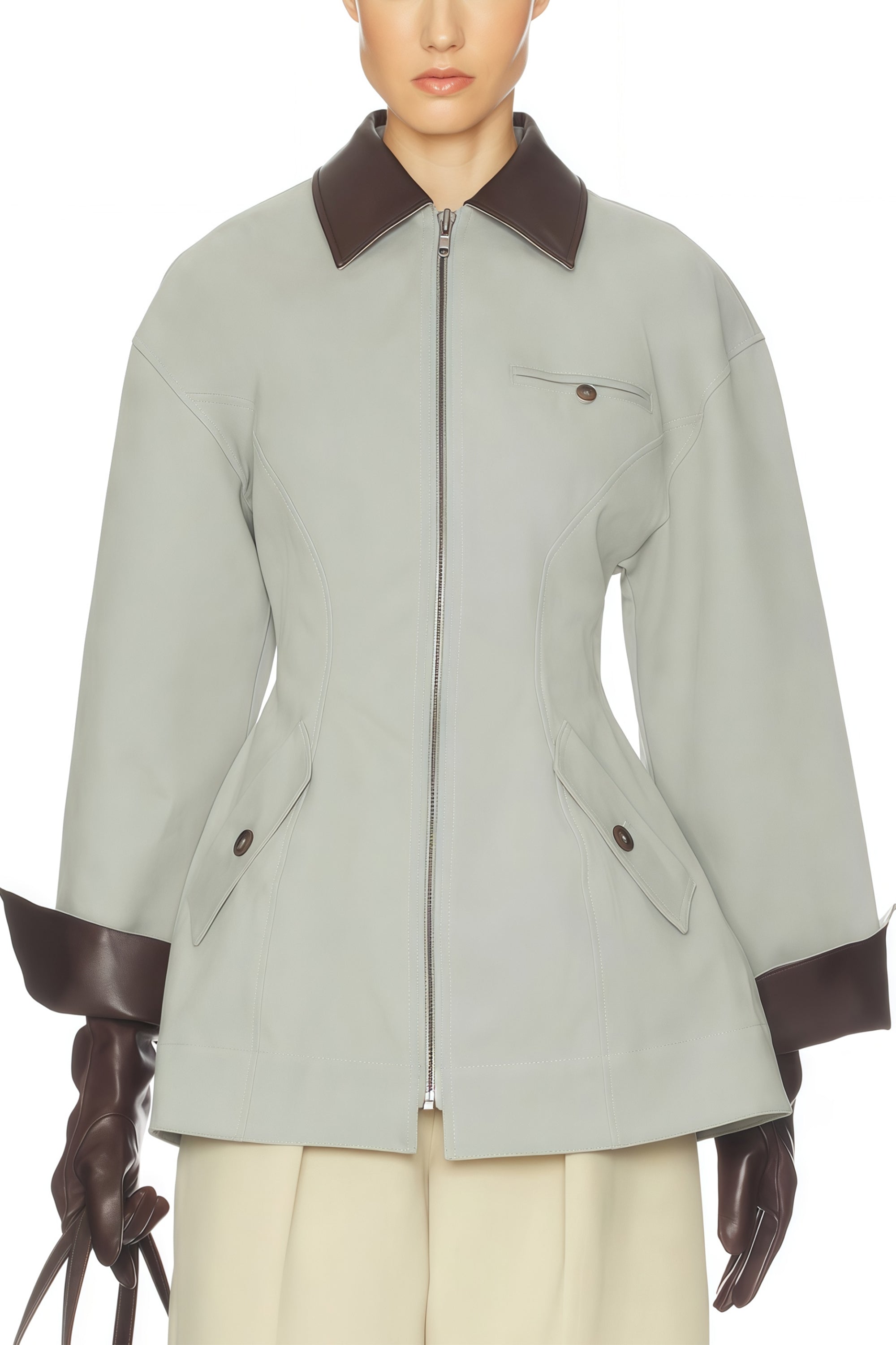 Vilma Grey Faux Leather Collar Hunting Jacket