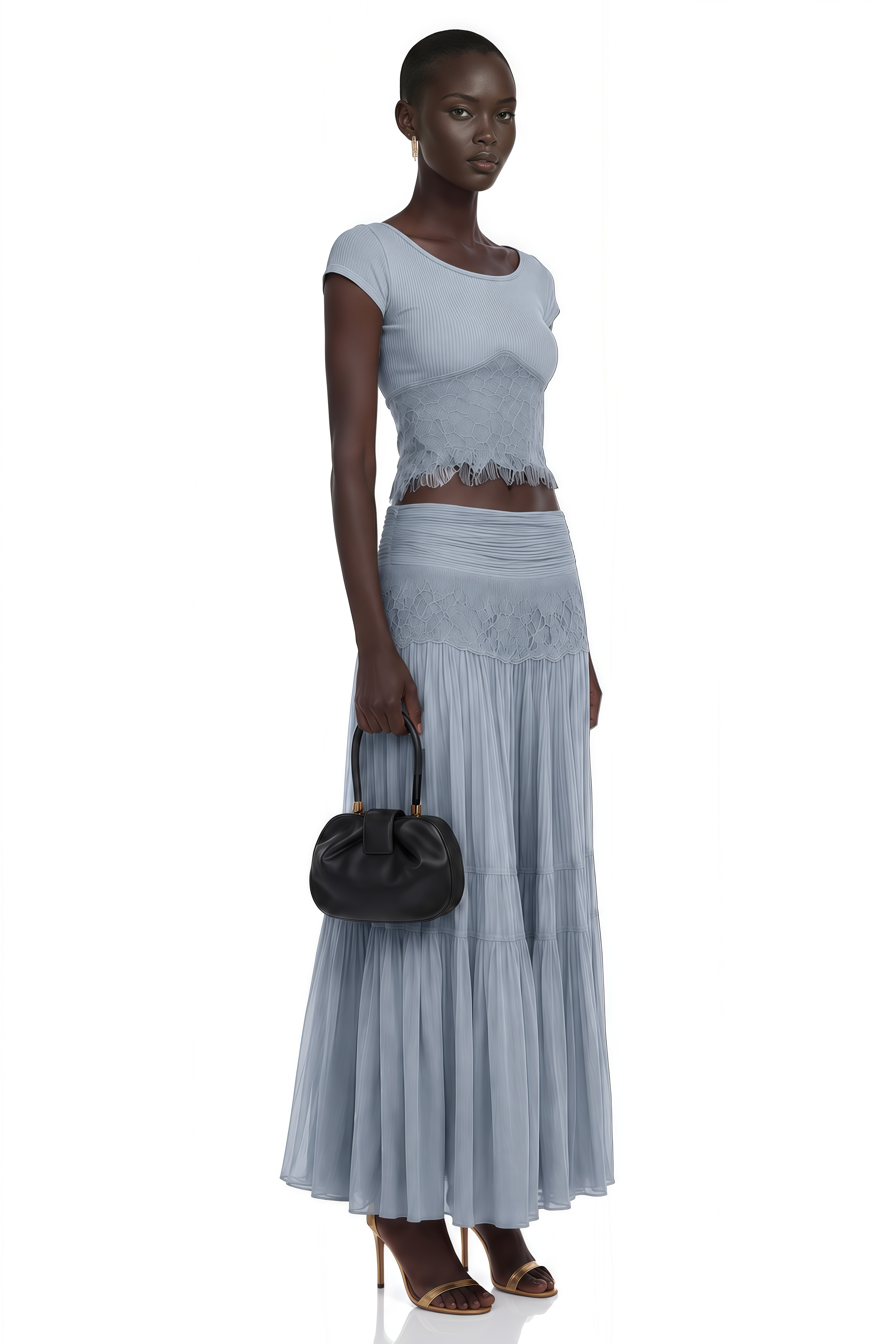 Haast Dusty Blue Knit Top & Lace Panel Skirt Set