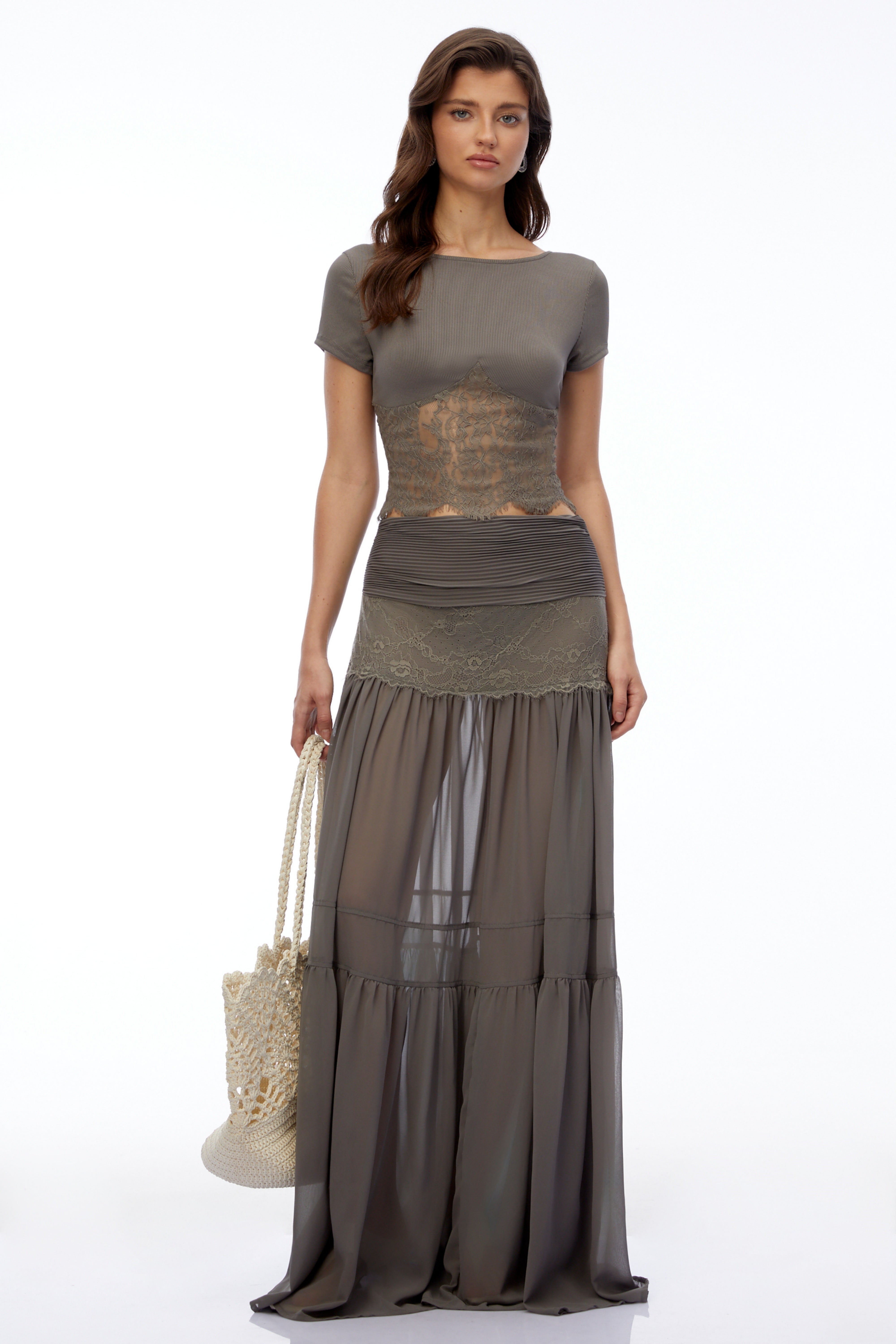 Haast Grey Knit Top & Lace Panel Skirt Set