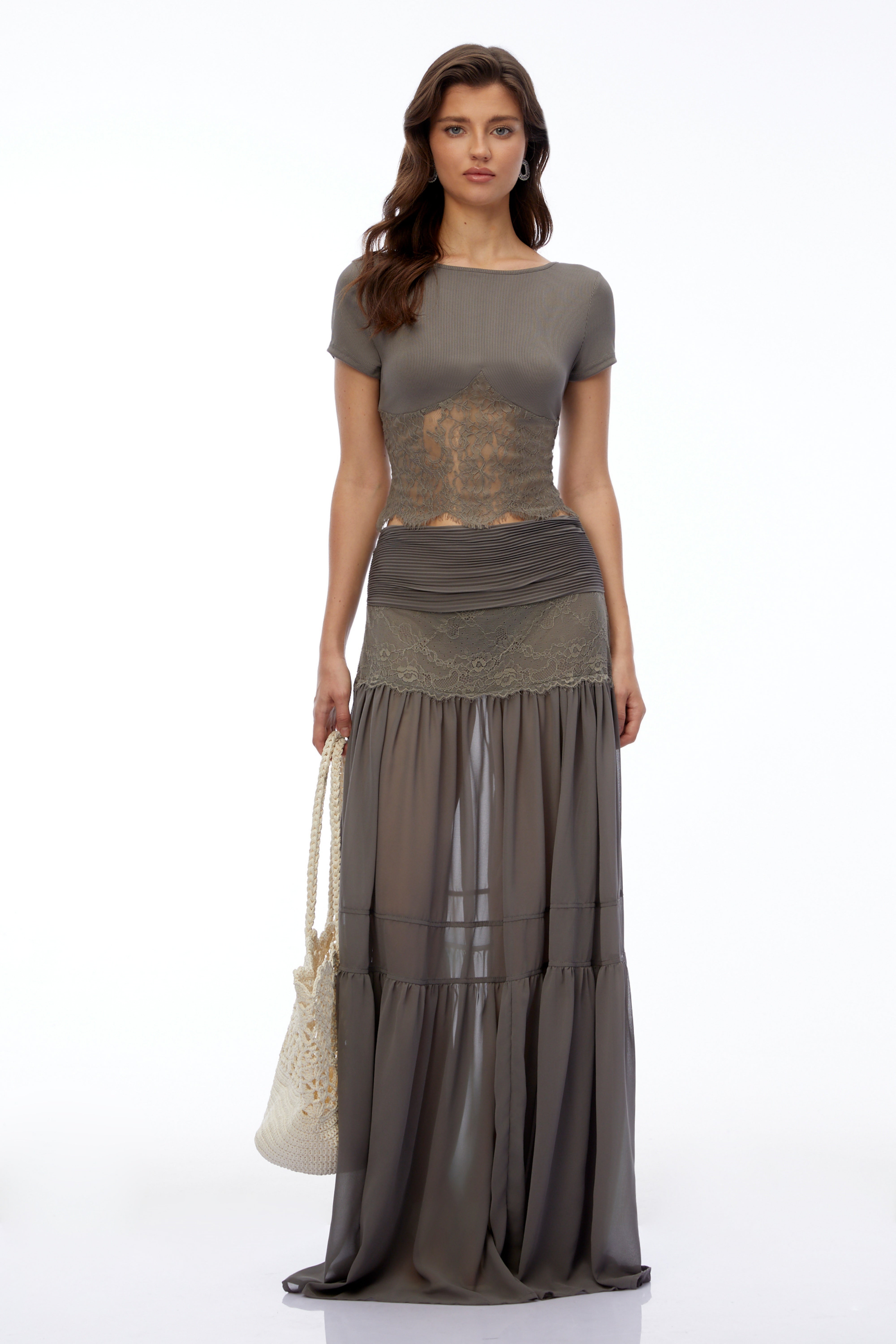 Haast Grey Knit Top & Lace Panel Skirt Set
