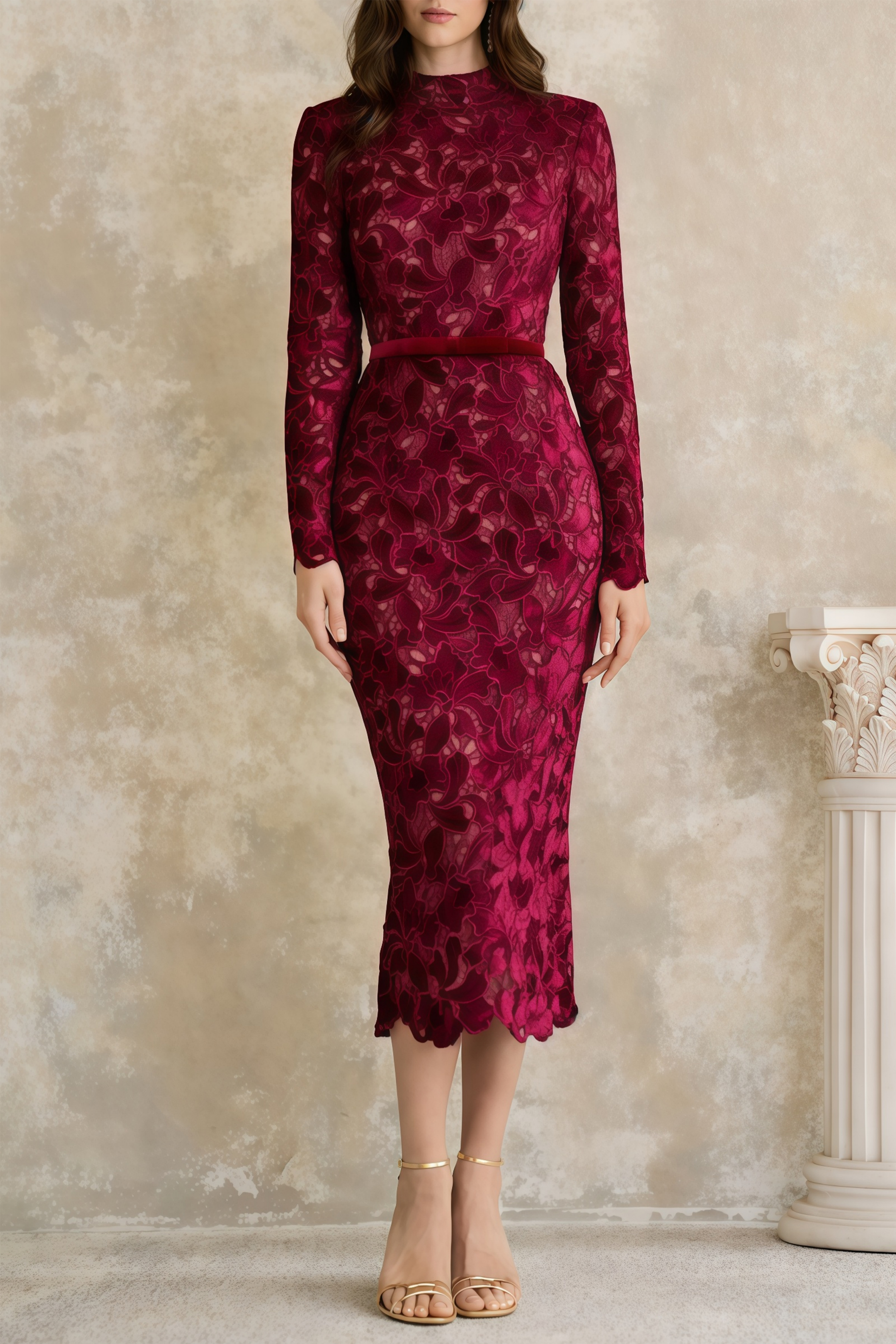 Hafdis Rotes Midi-Kleid mit Blumenstickerei