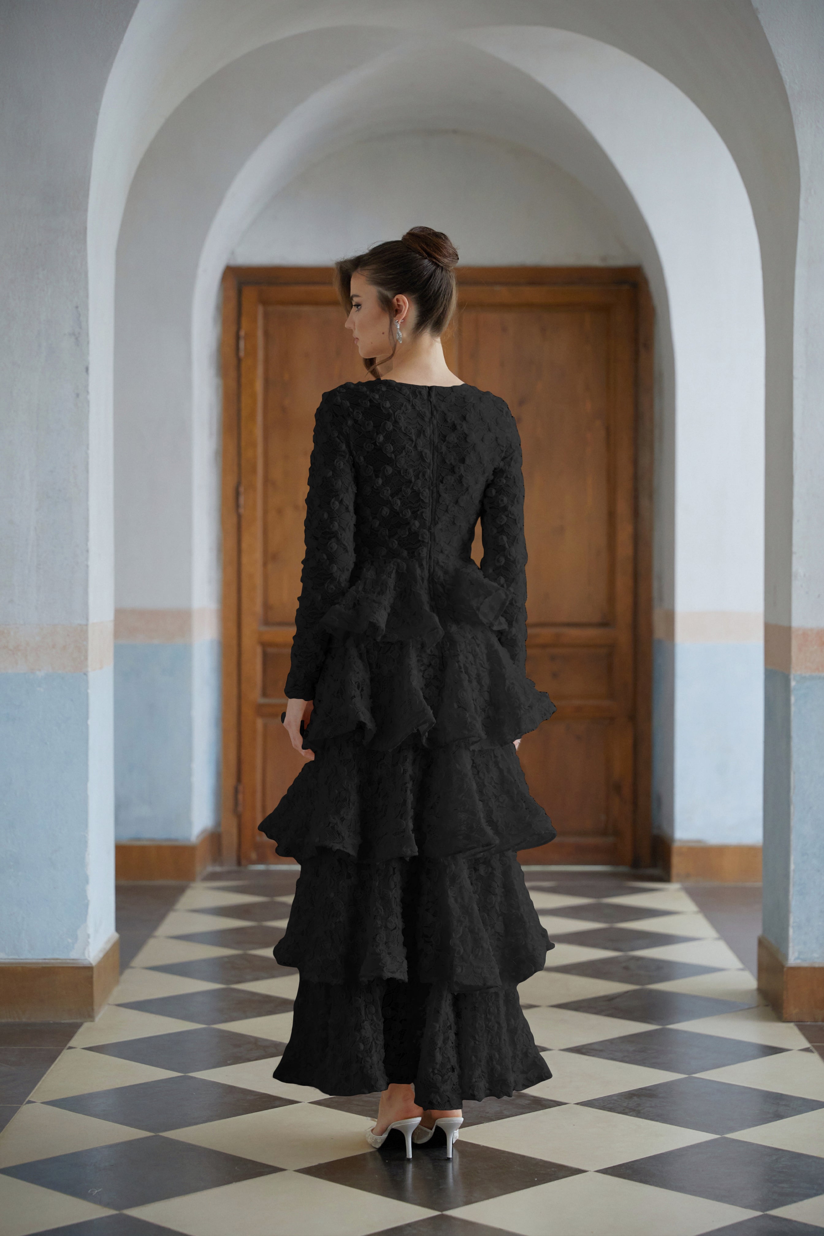 Halla Black Tiered Floral Lace Maxi Dress