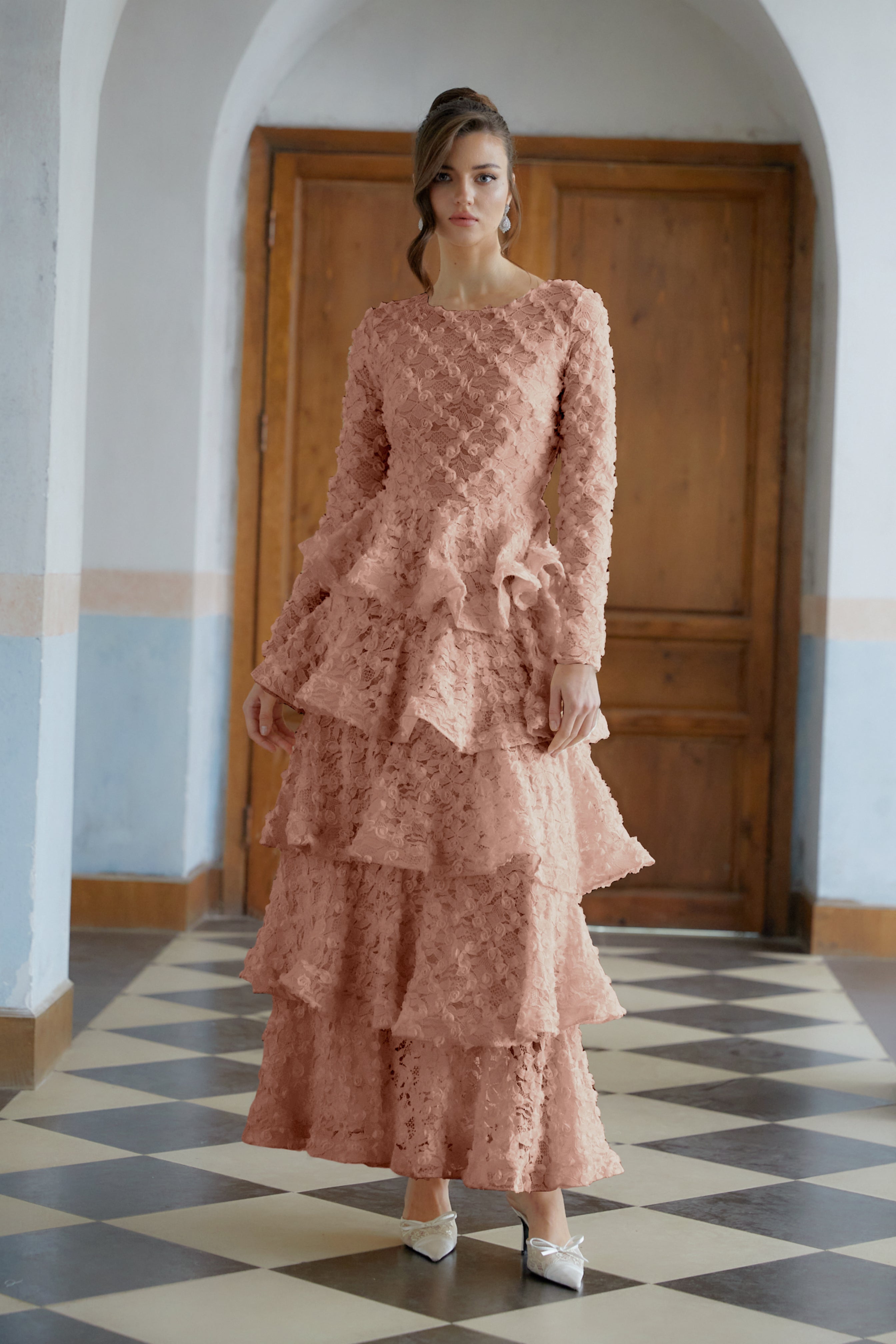 Halla Pink Tiered Floral Lace Maxi Dress