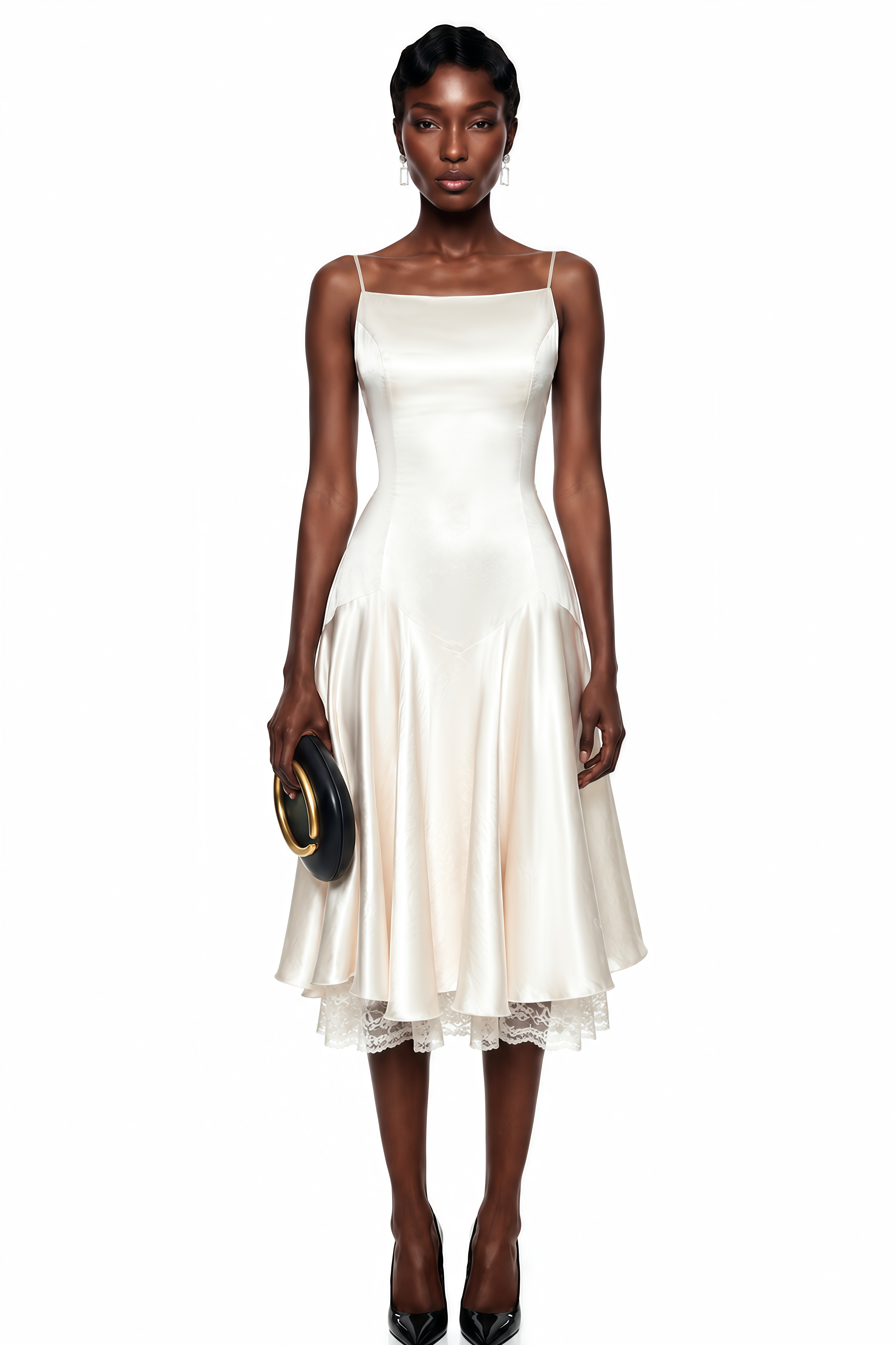 Hanife Champagne Satin Midi Dress with Lace Panels
