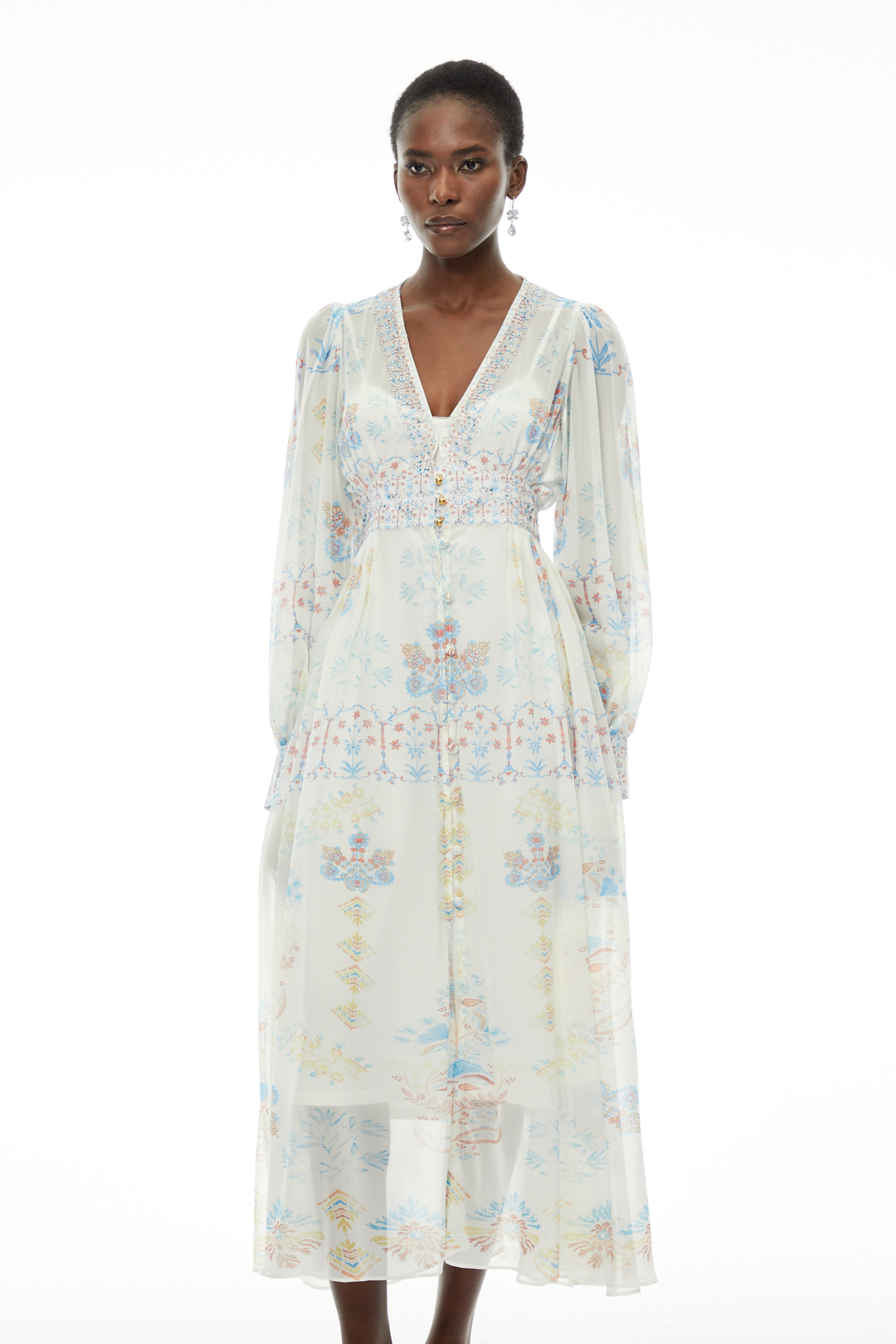 Hannah White Floral Print Chiffon Maxi Dress
