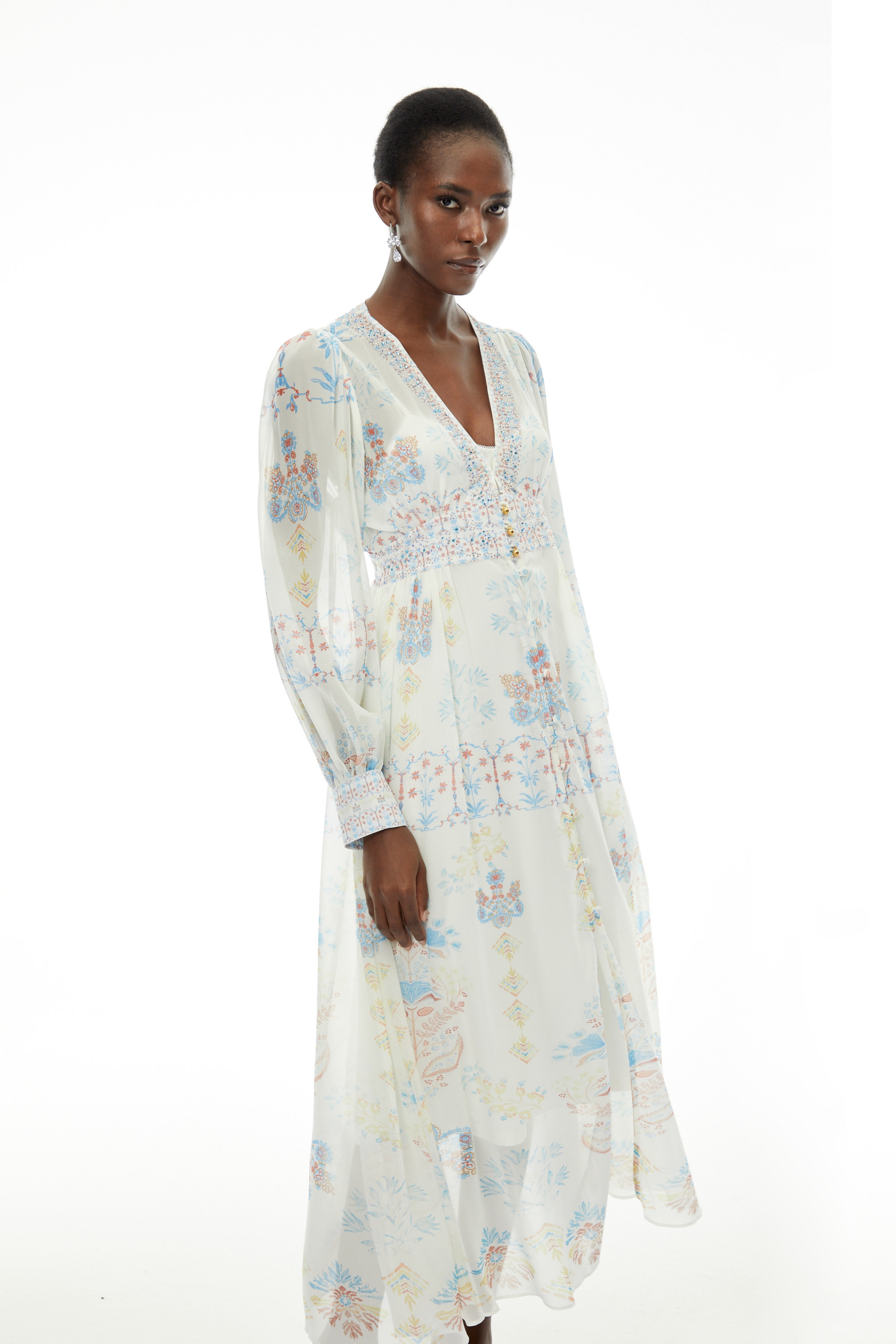 Hannah White Floral Print Chiffon Maxi Dress