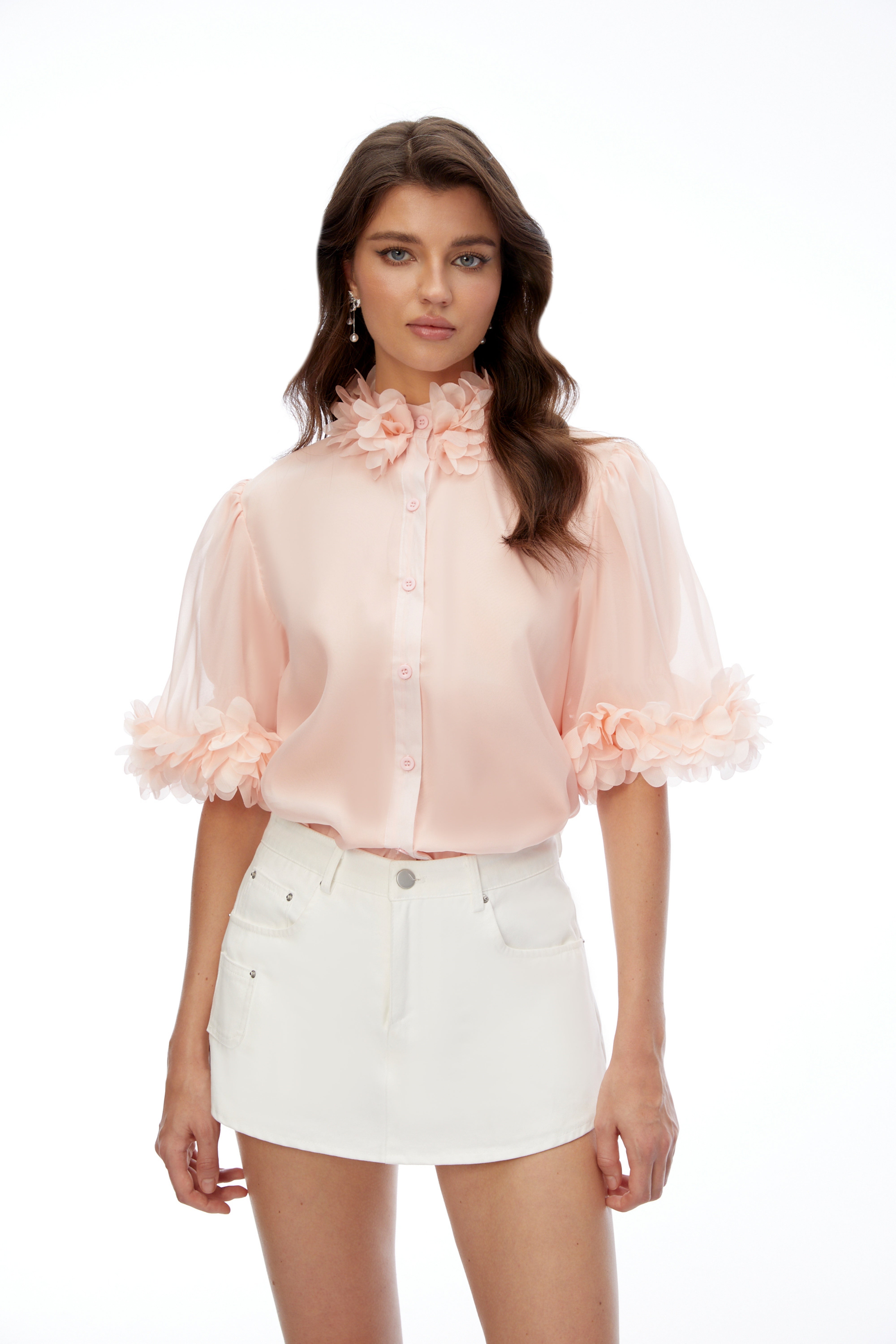 Hattie Pink Short Sleeve Blouse with 3D Florals
