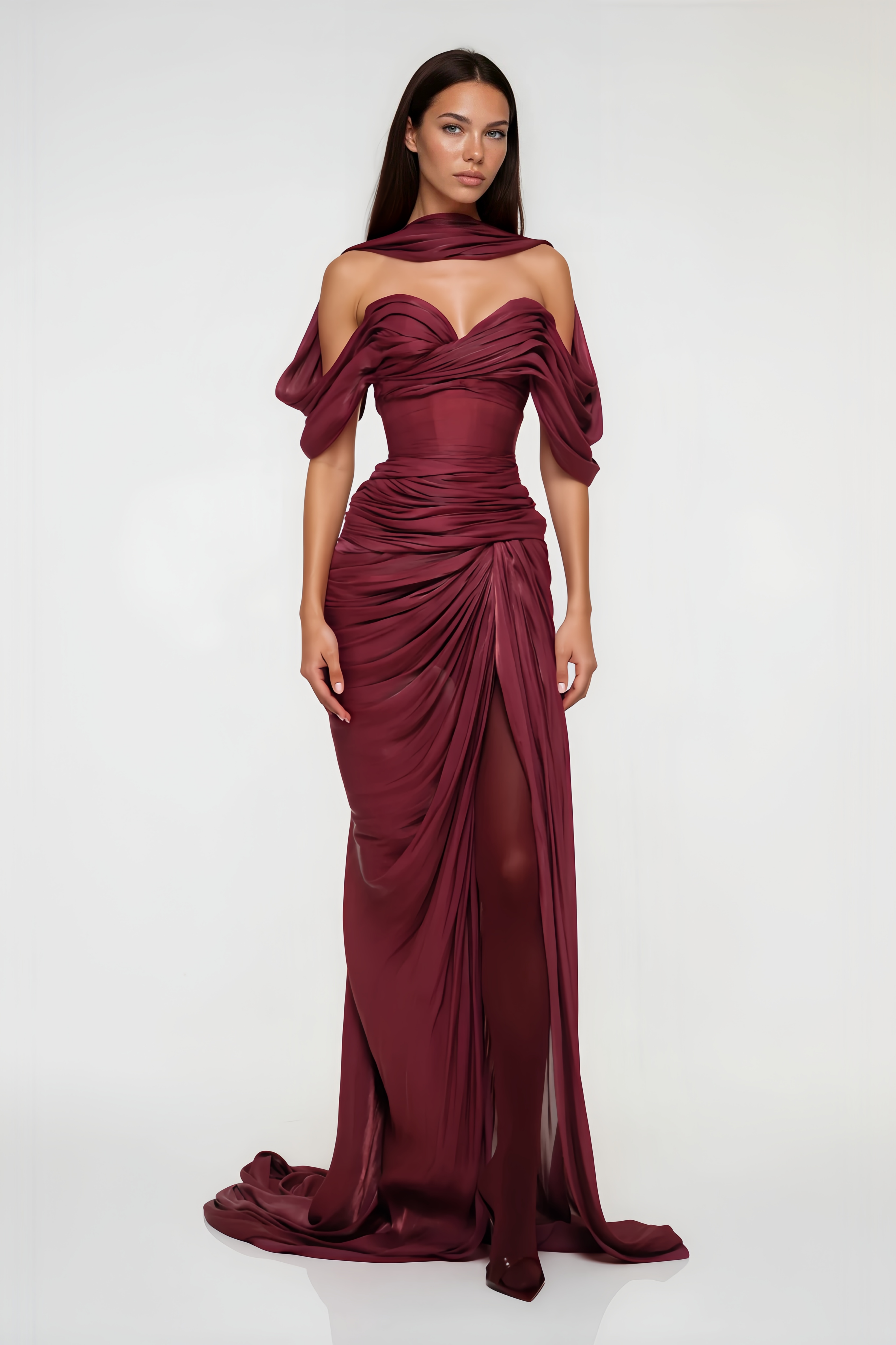 Hazel Burgundy Asymmetrical Draped Maxi Dress