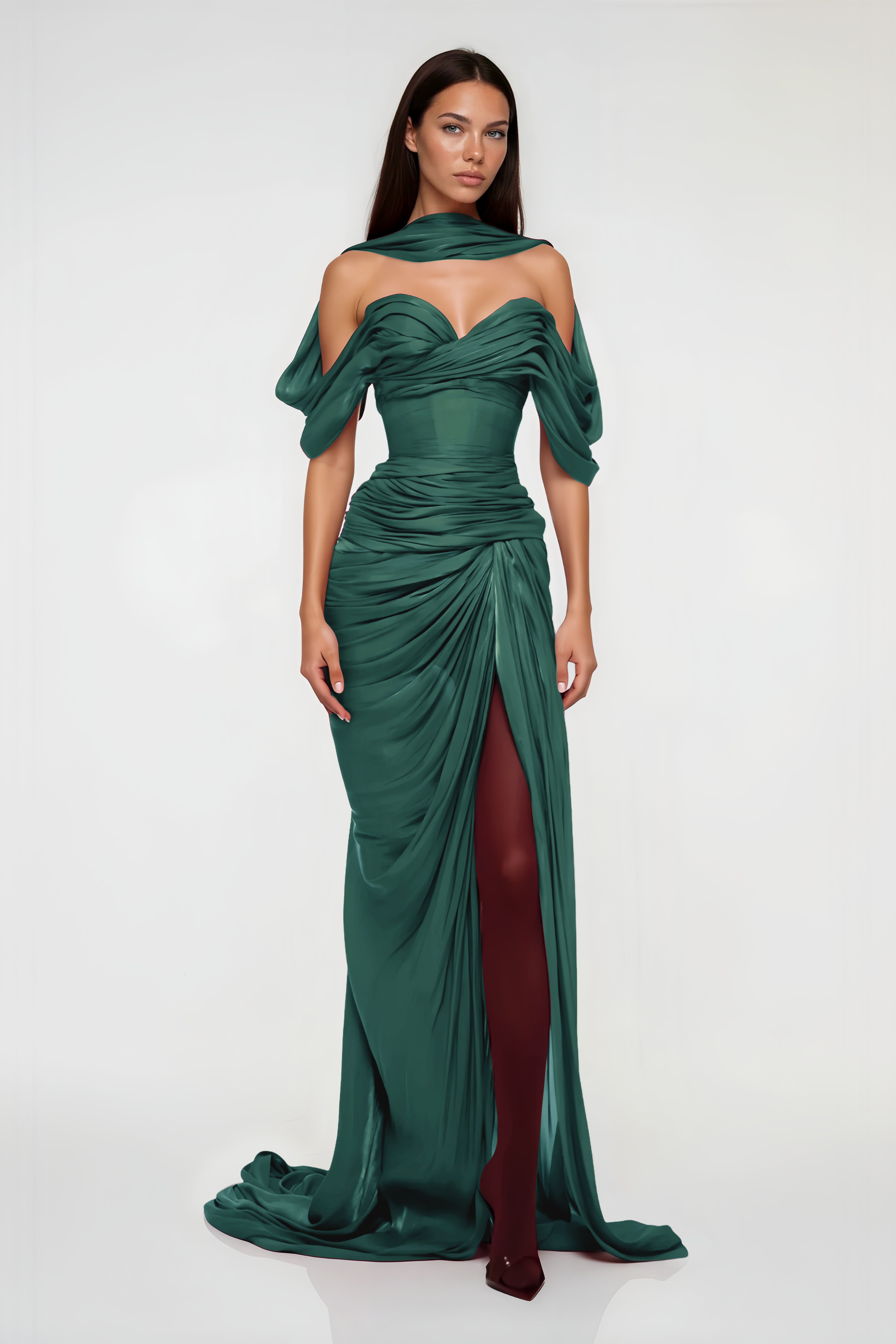 فستان ماكسي غير متماثل بلون هازل غرين مع تصميم ملفوف