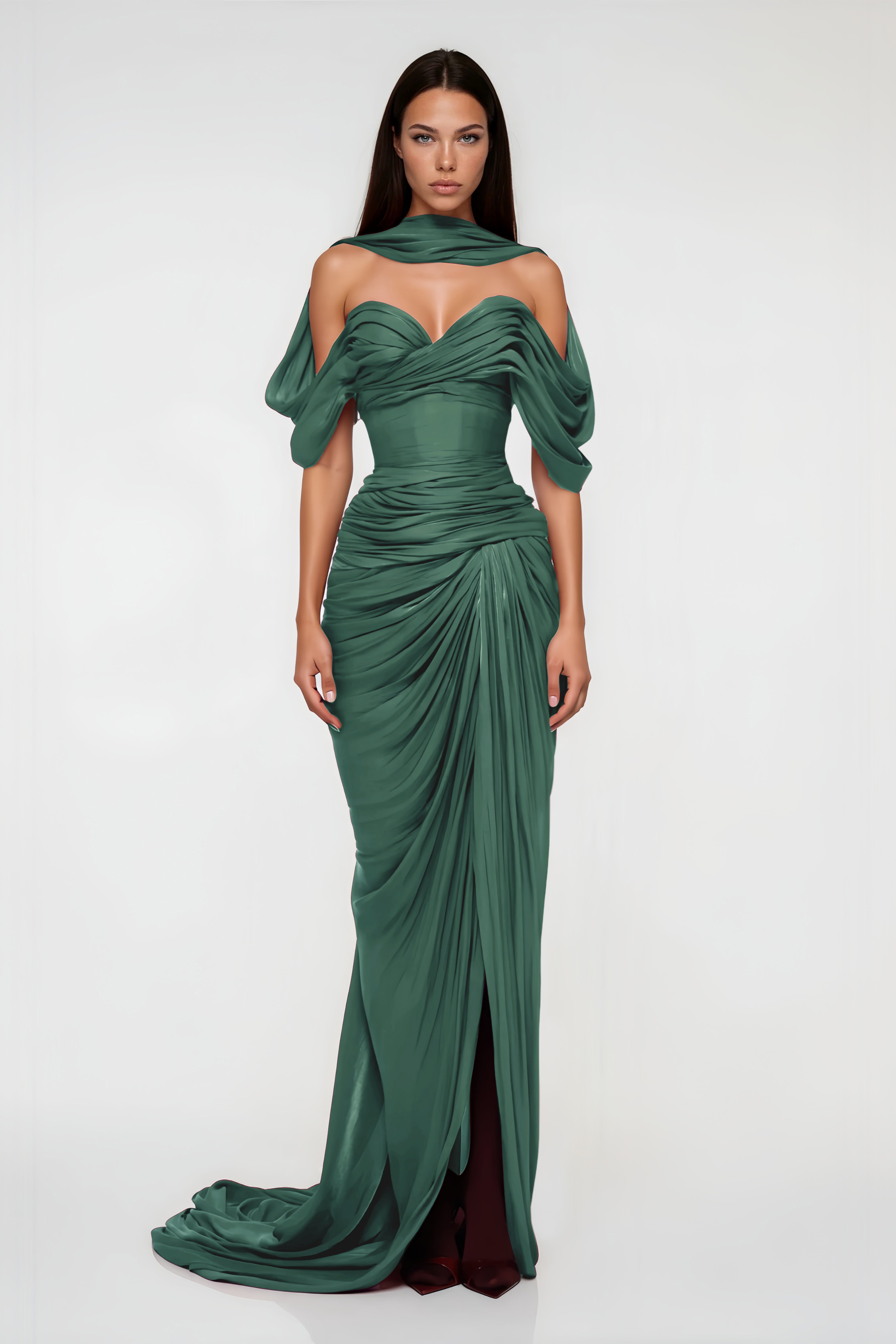 Robe longue drapée asymétrique Hazel Green