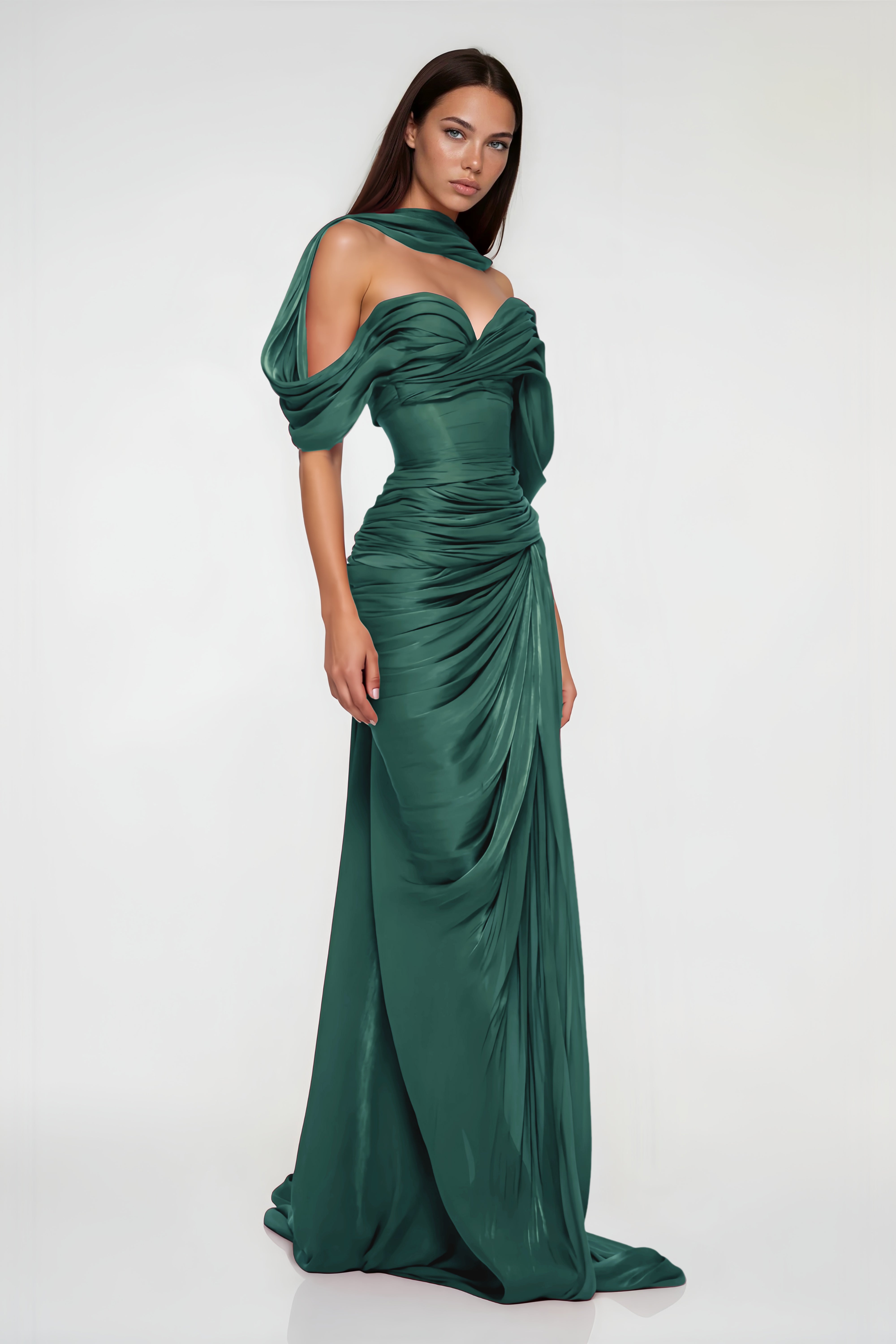 فستان ماكسي غير متماثل بلون هازل غرين مع تصميم ملفوف