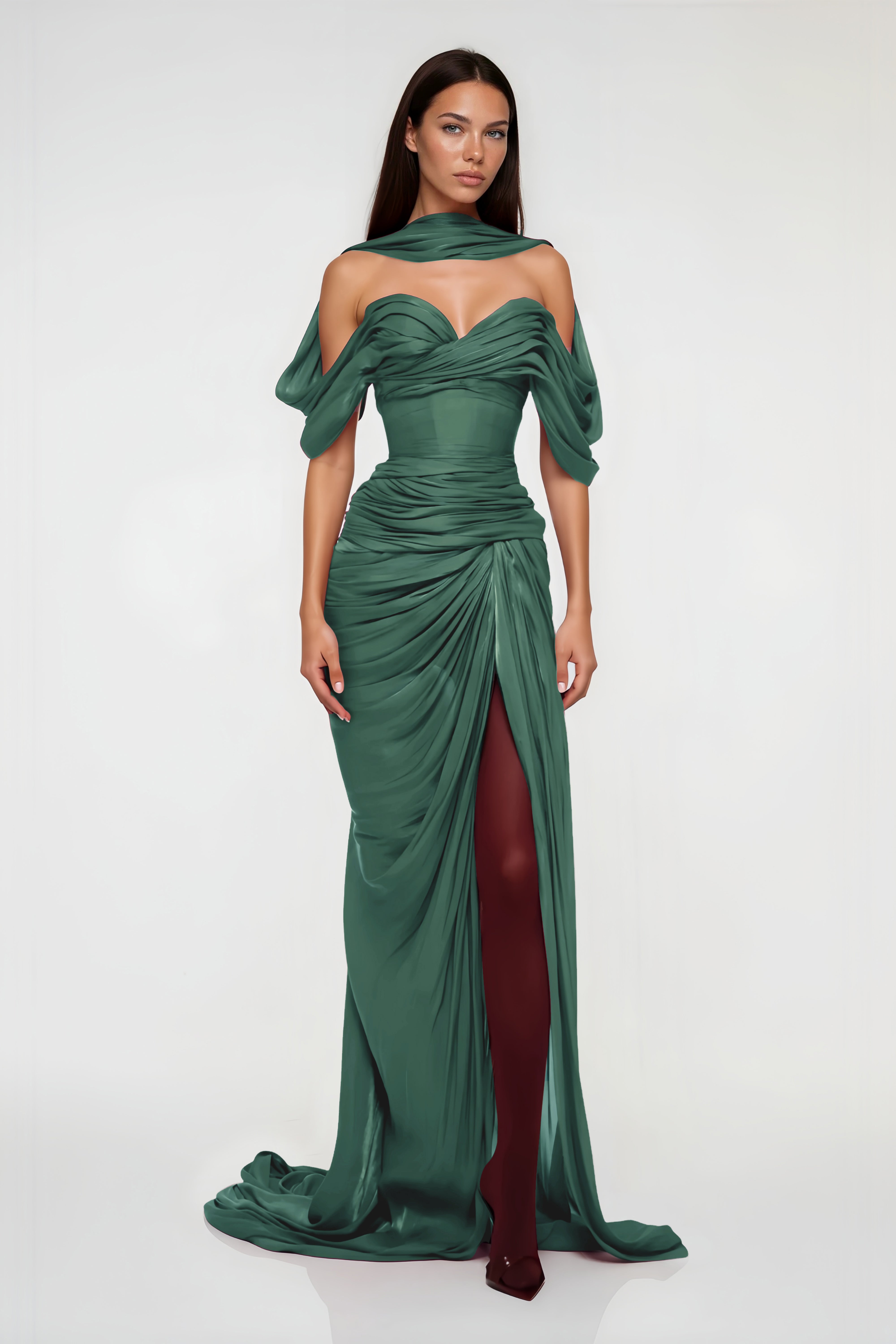 Robe longue drapée asymétrique Hazel Green